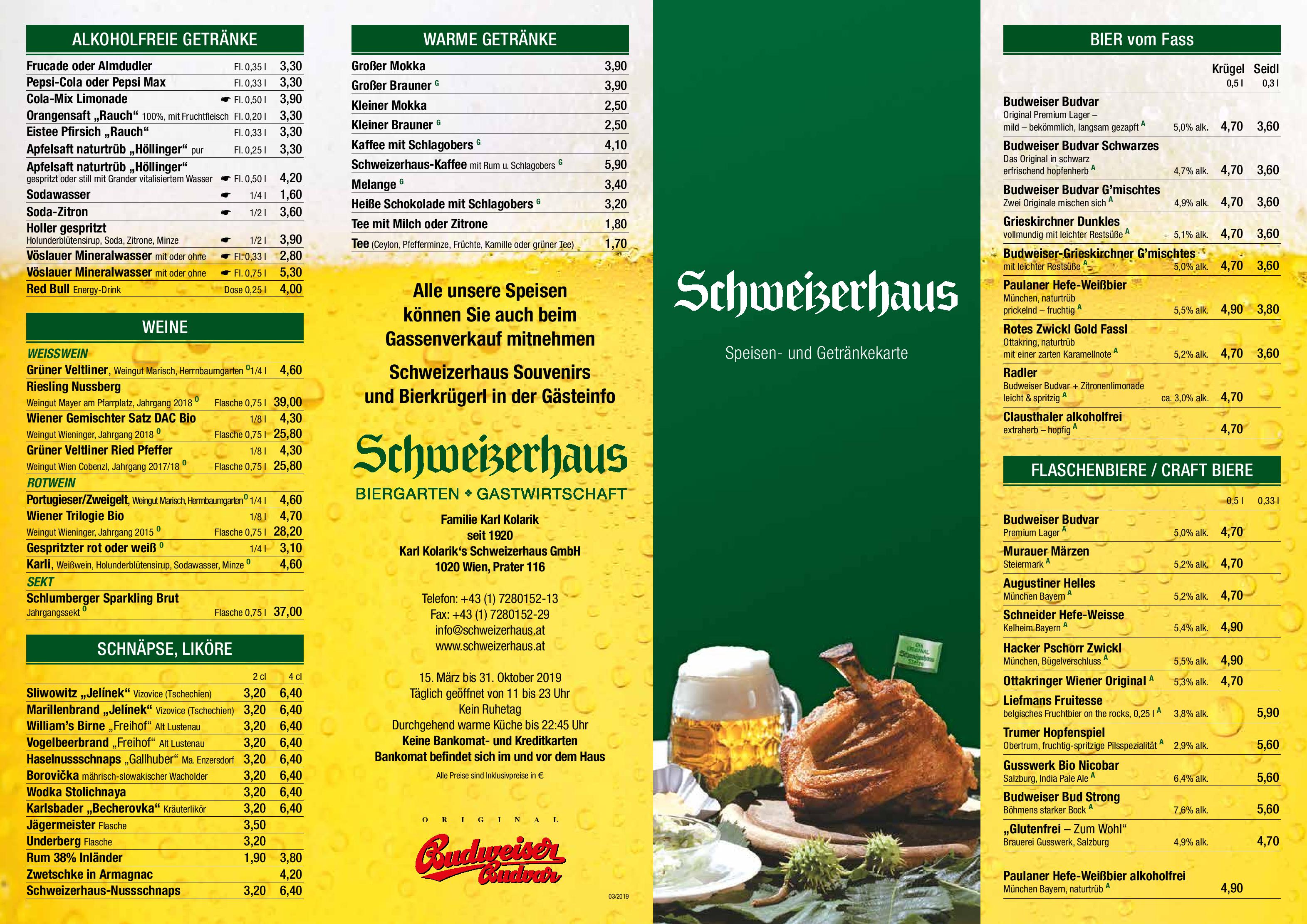 Speisekarte Restaurant Schweizerhaus in Wien ÖsterreichGourmet