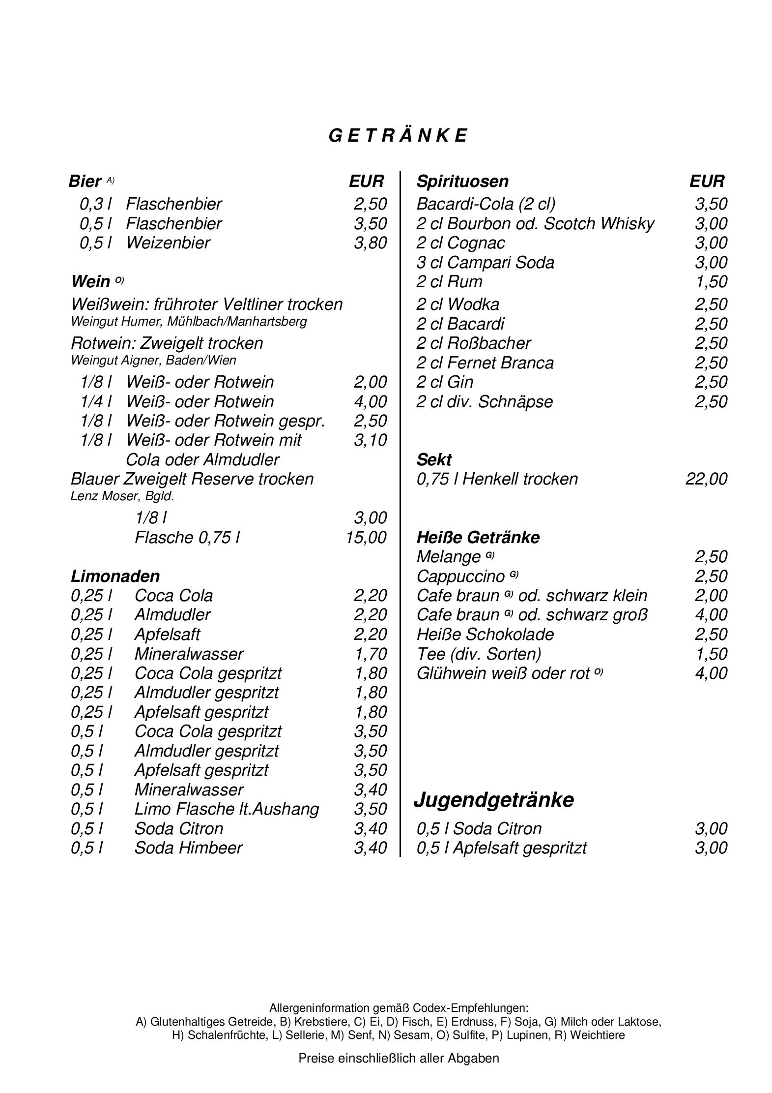 Speisekarte Restaurant Beisl in der Sigmundsgasse in Wien