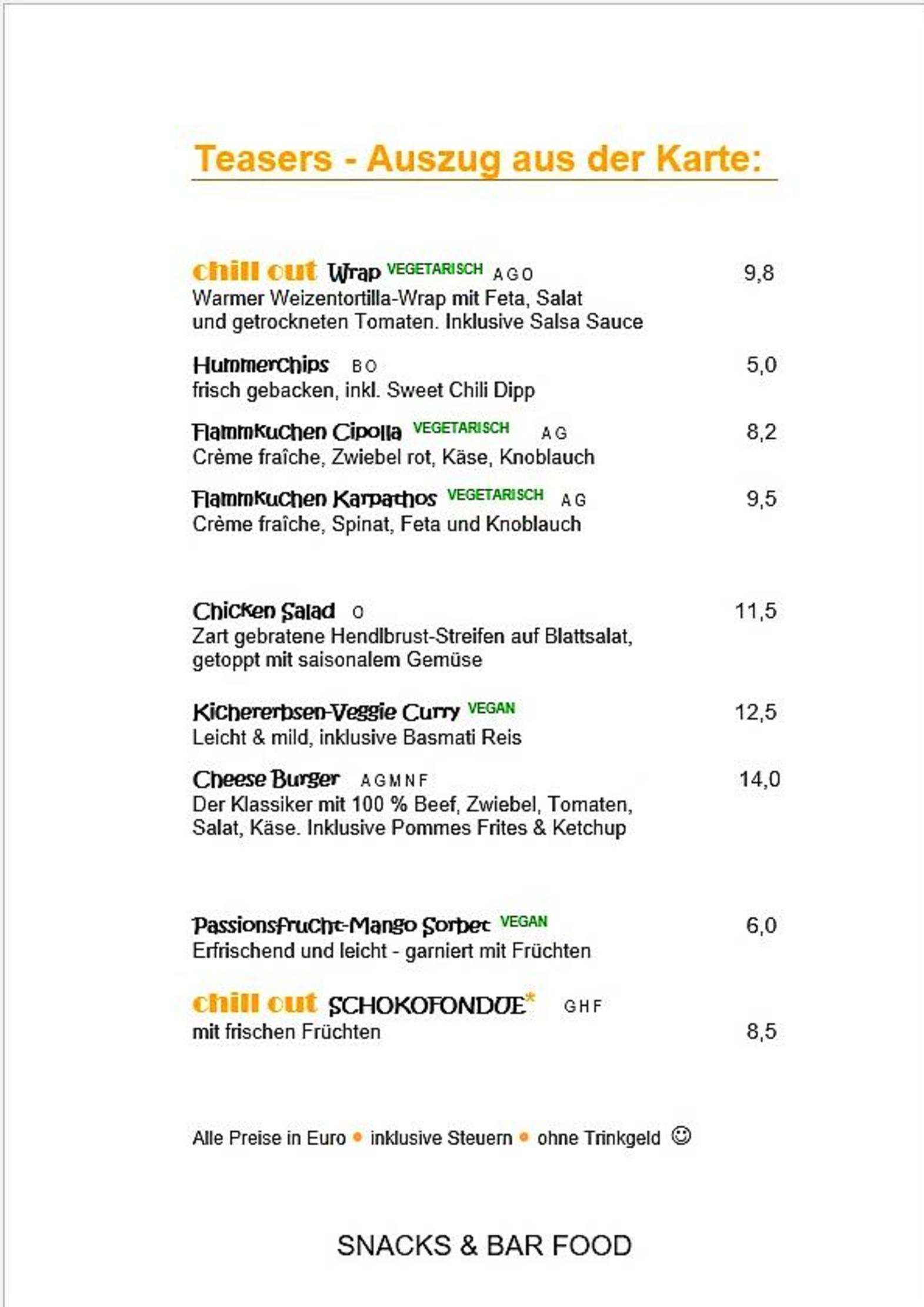 Speisekarte Restaurant Chill Out Lounge I Cocktail Bar 1010 Wien In 