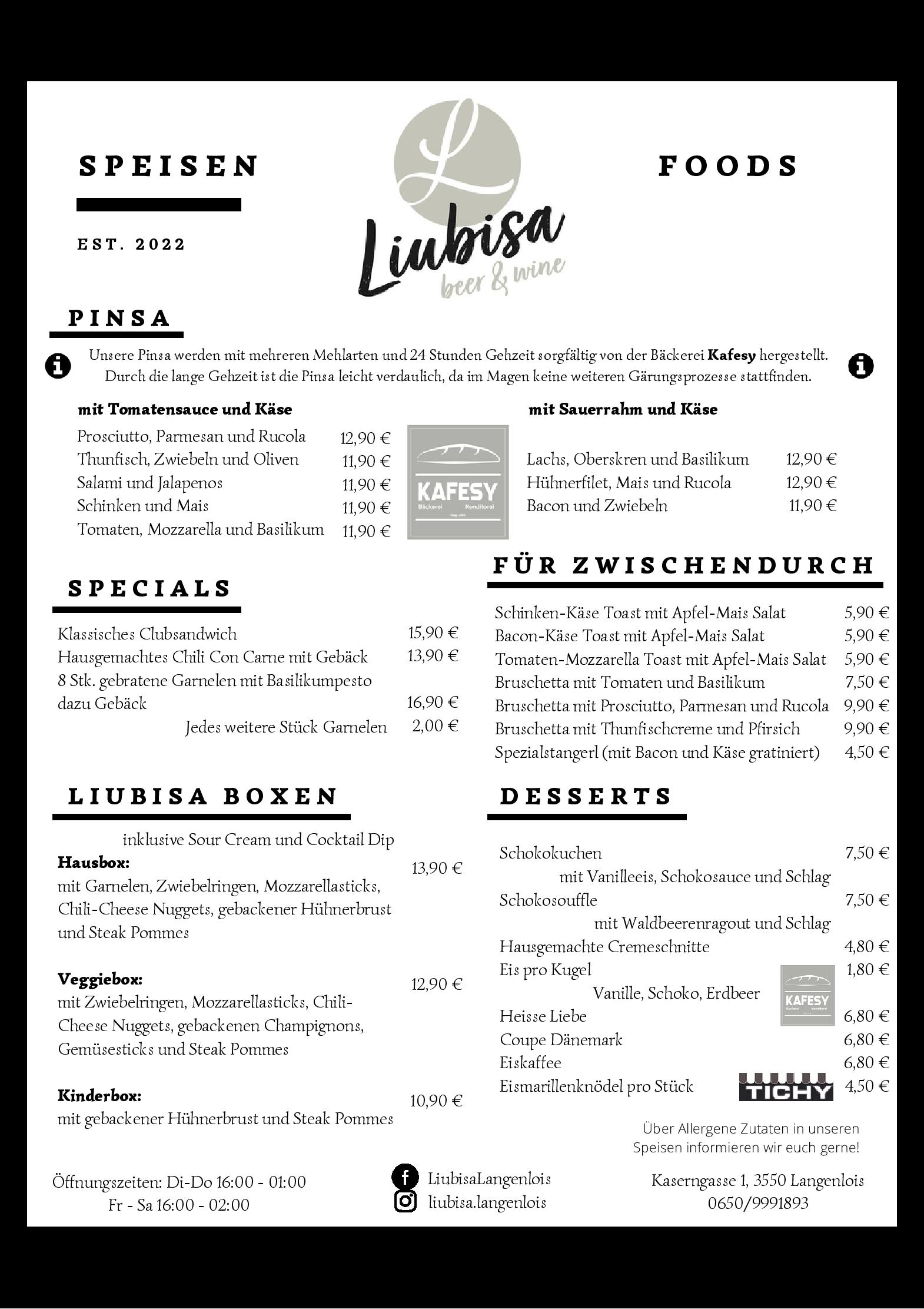 Speisekarte Restaurant Liubisa in Langenlois ÖsterreichGourmet