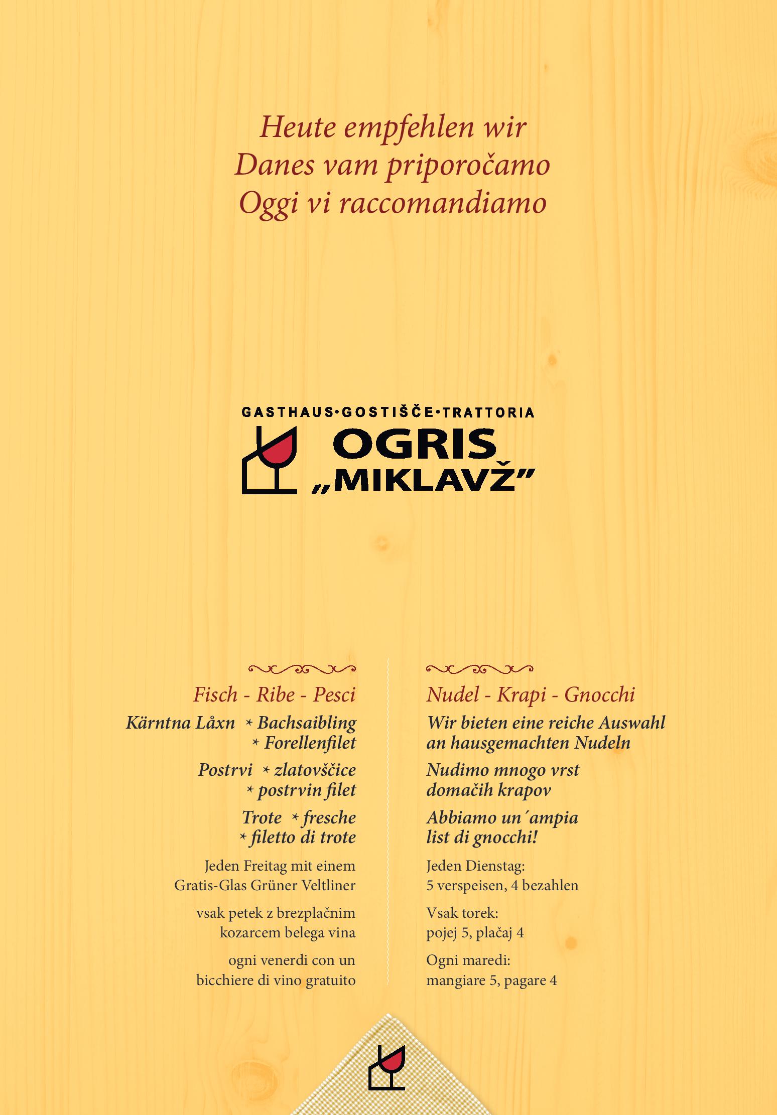 Speisekarte Gasthaus - Gostišče - Trattoria Ogris in Ludmannsdorf, Seite 1