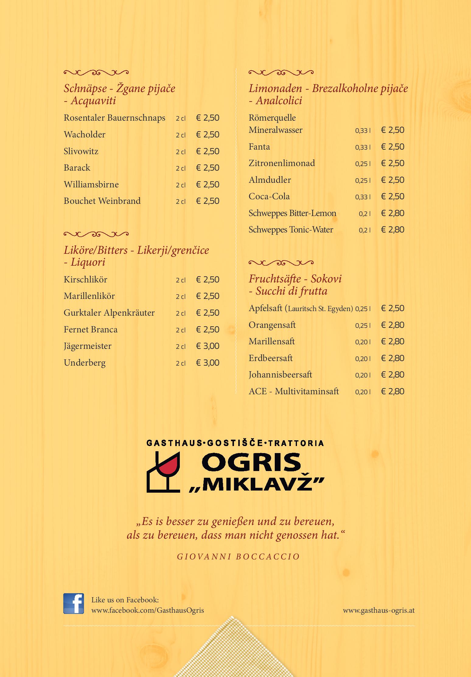 Speisekarte Gasthaus - Gostišče - Trattoria Ogris in Ludmannsdorf, Seite 20