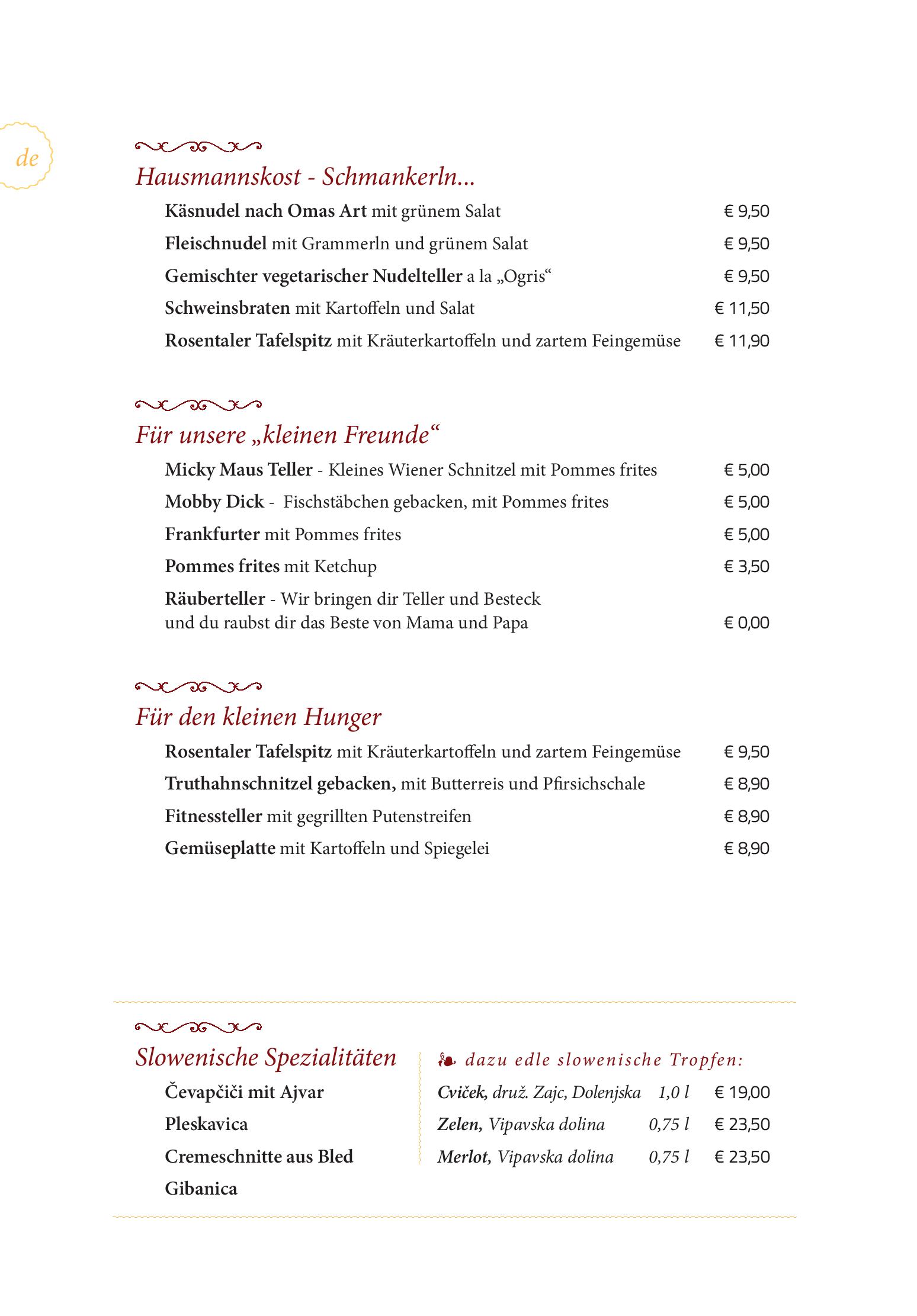 Speisekarte Gasthaus - Gostišče - Trattoria Ogris in Ludmannsdorf, Seite 4