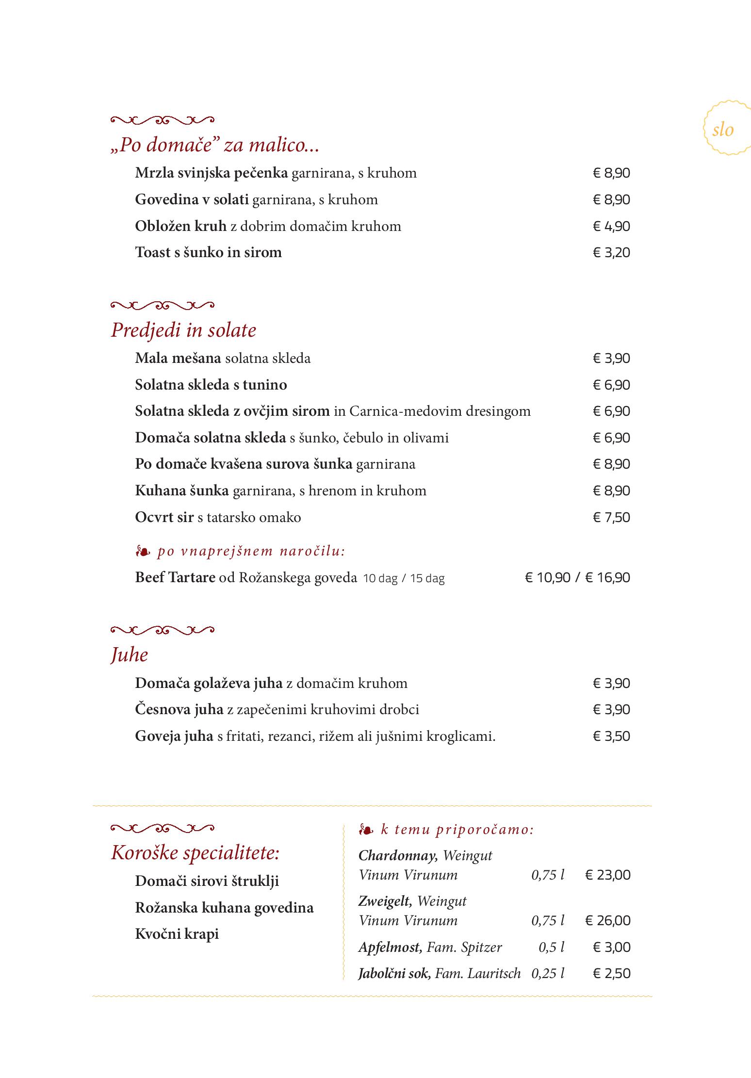 Speisekarte Gasthaus - Gostišče - Trattoria Ogris in Ludmannsdorf, Seite 9