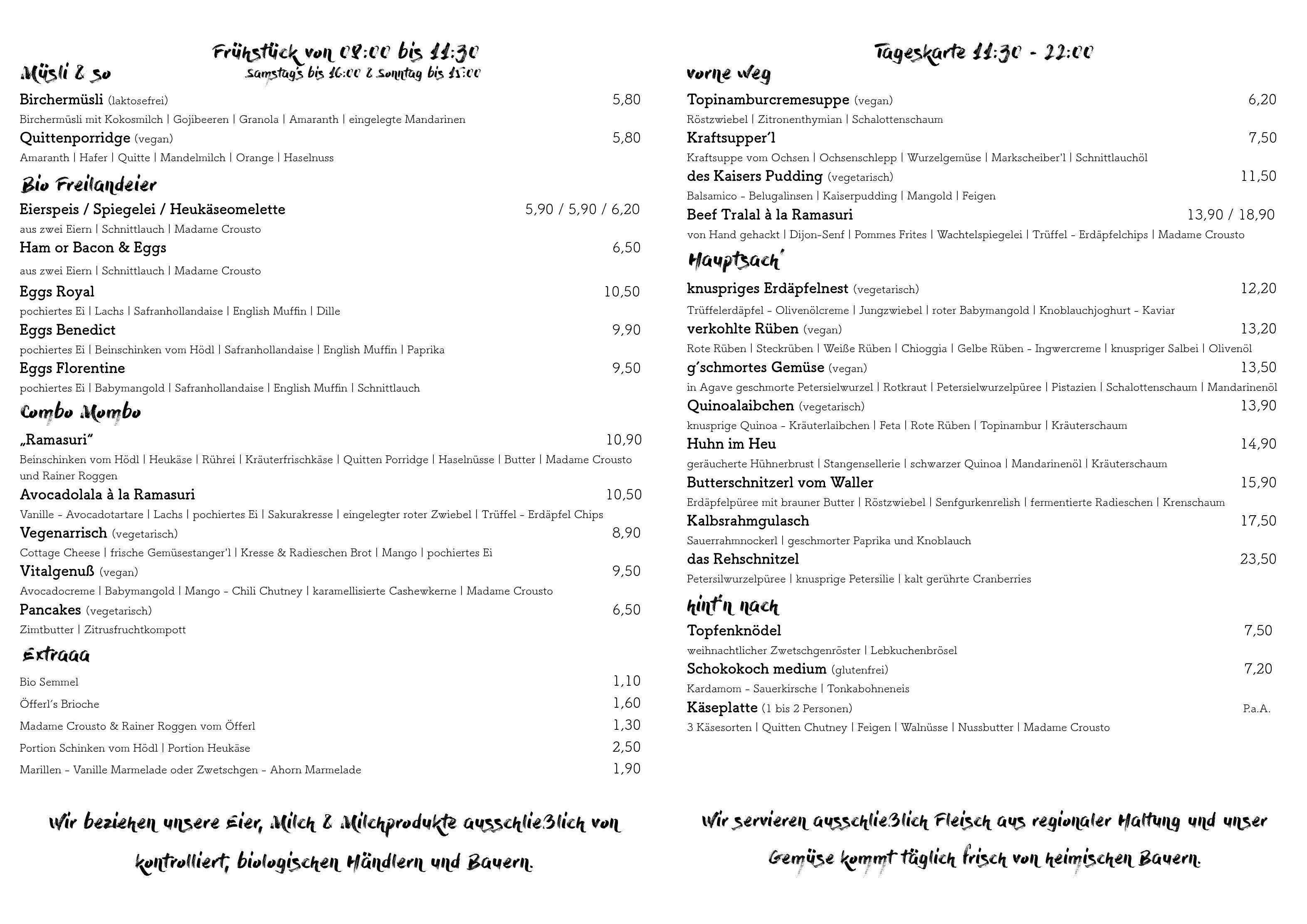 Speisekarte Ramasuri in Wien, Seite 1