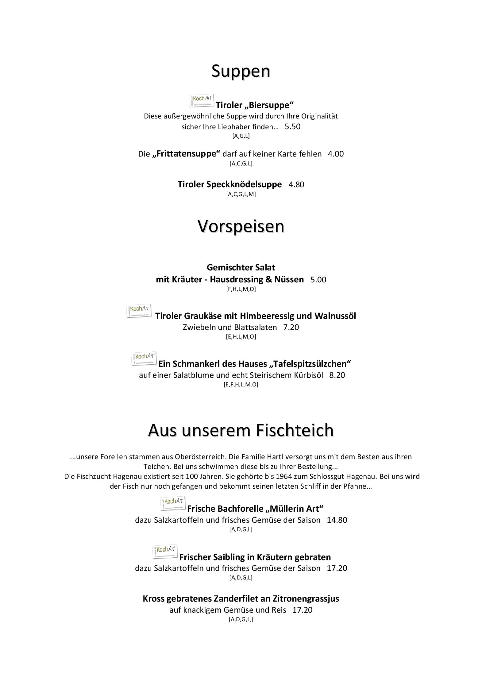 Speisekarte GASTHAUS STEINBERG in Westendorf, Seite 1