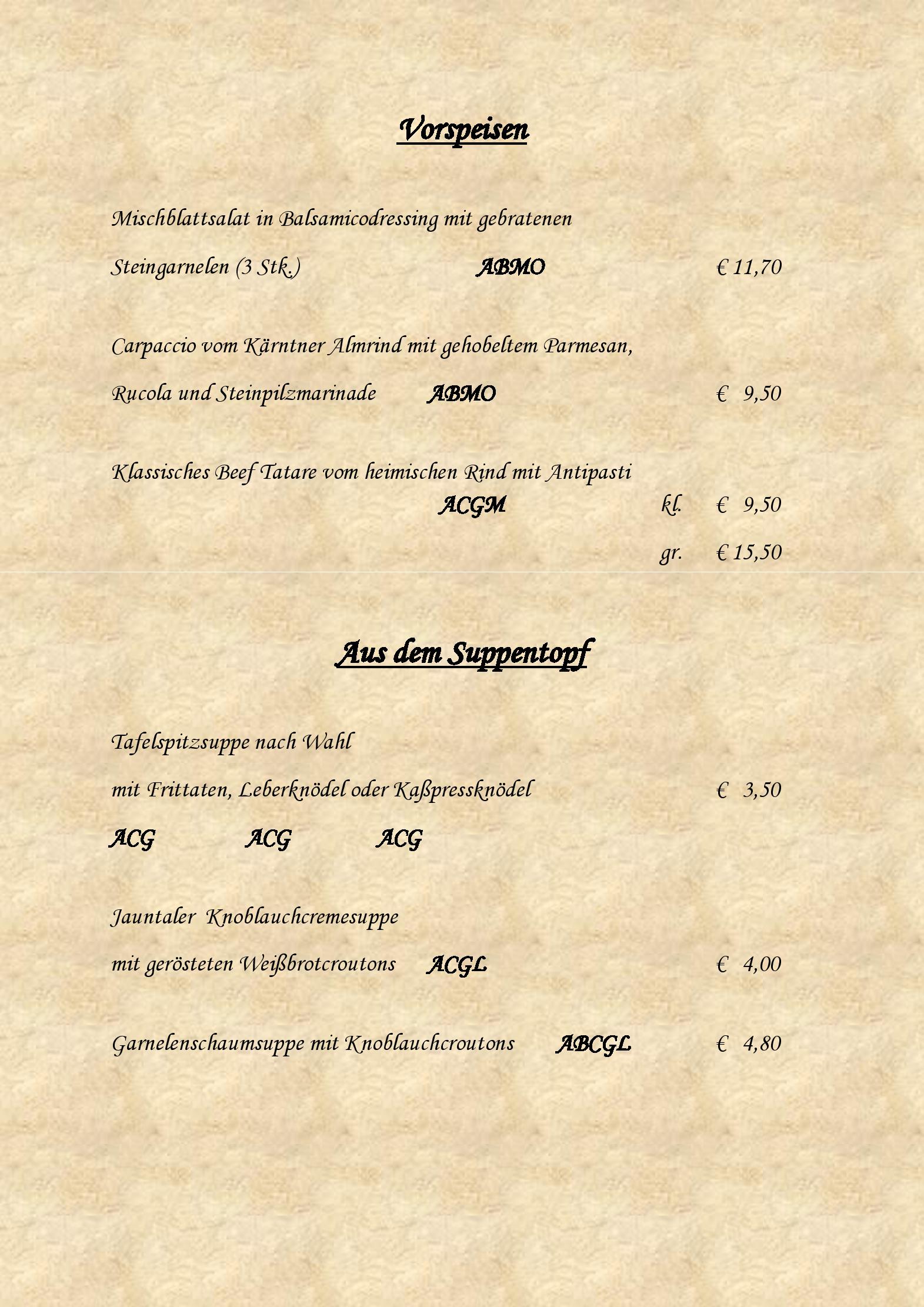 Speisekarte Zur Stub n in Sankt Kanzian, Seite 1