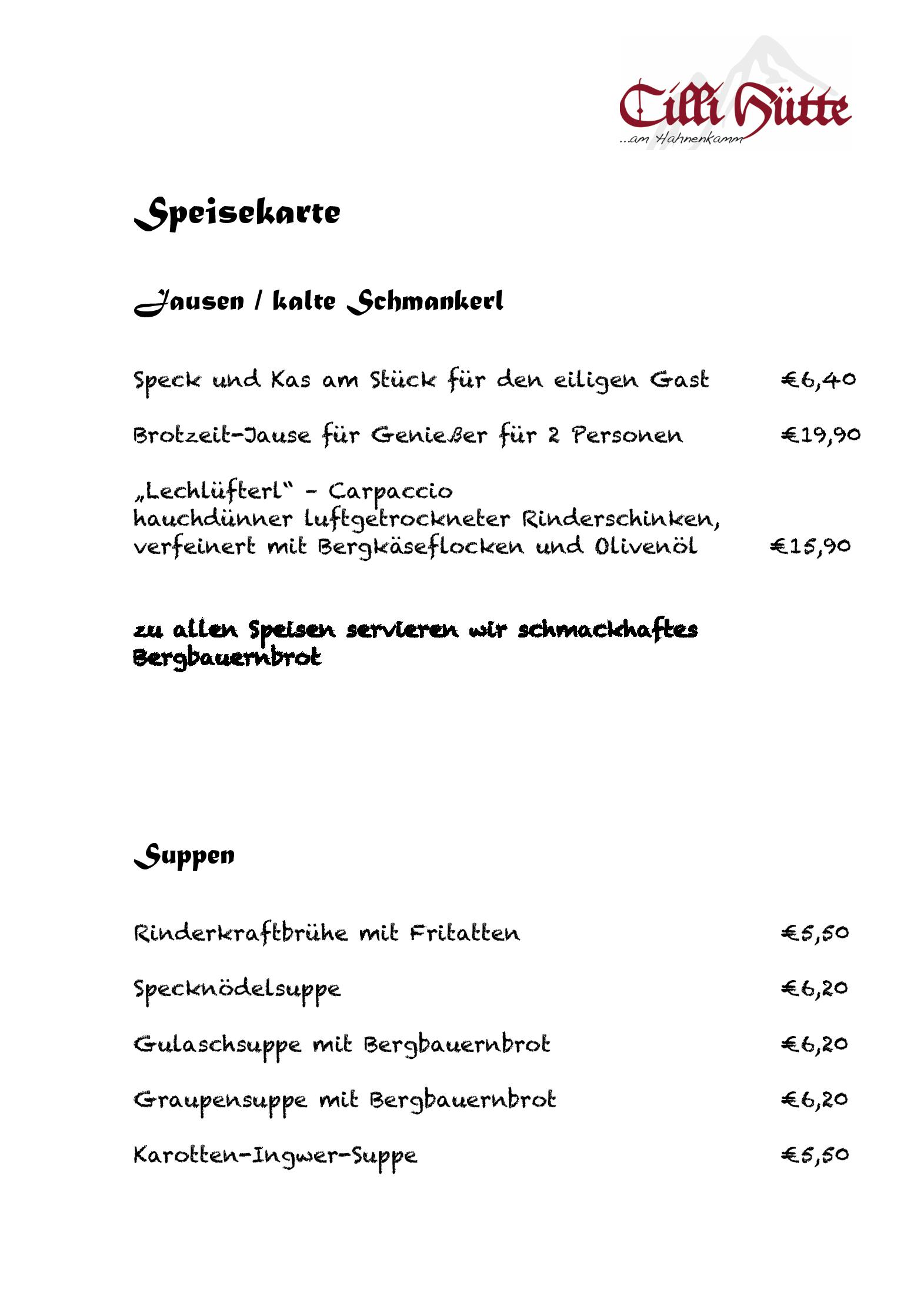 Speisekarte Cilli Hütten GbR in Höfen, Seite 1