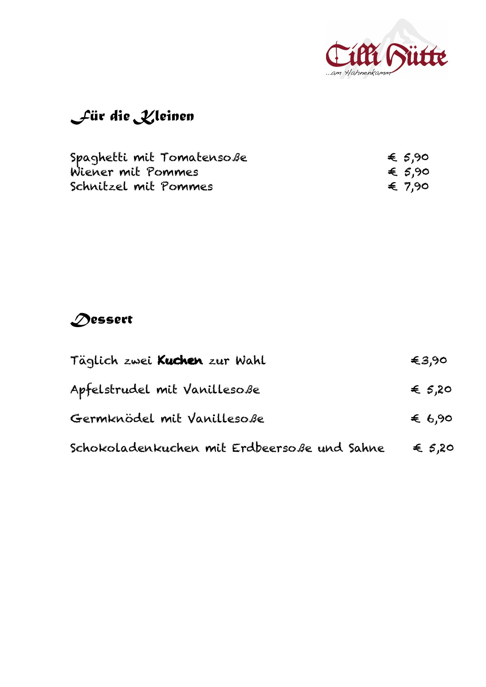 Speisekarte Cilli Hütten GbR in Höfen, Seite 3