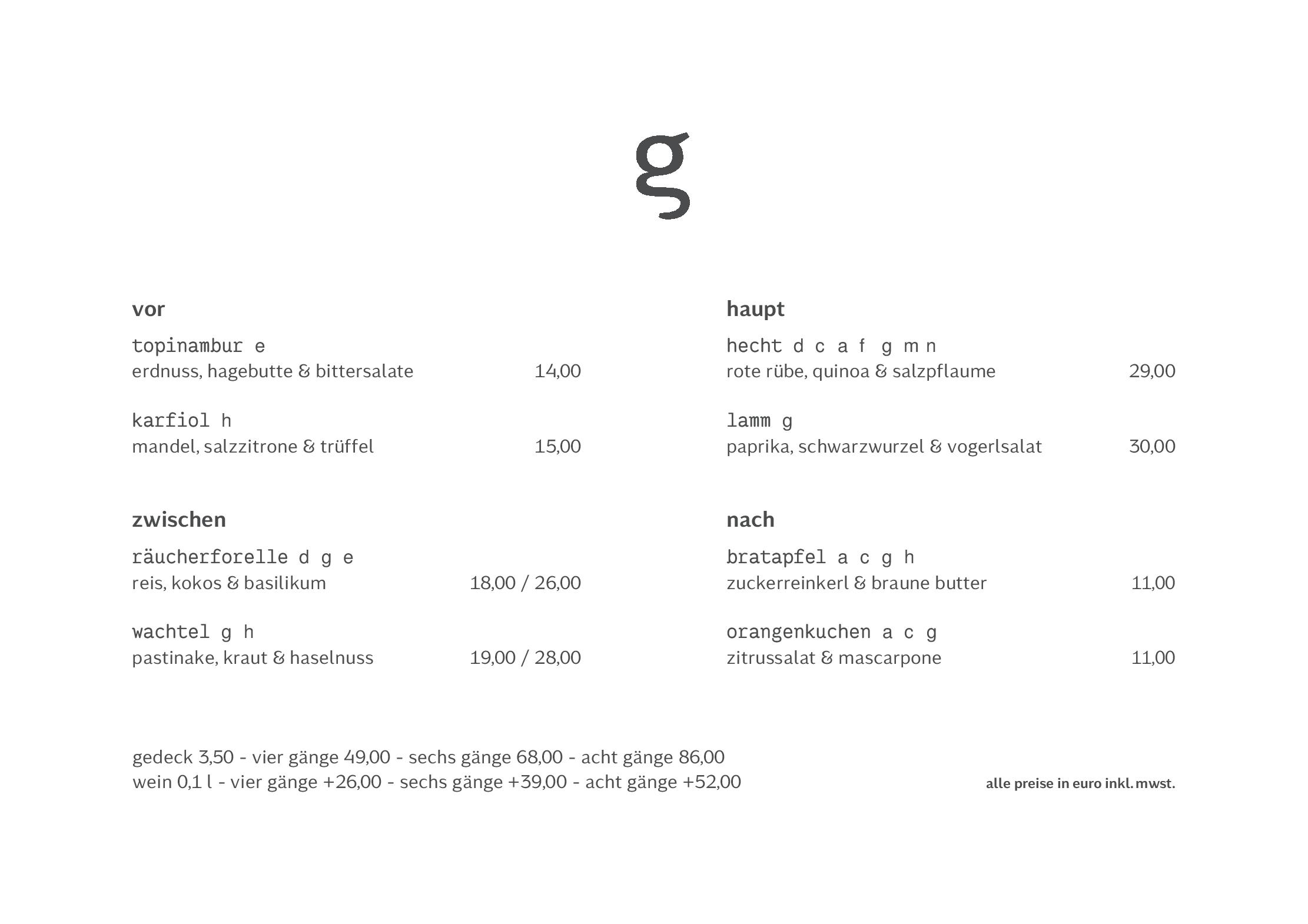 Speisekarte grace in Wien, Seite 1