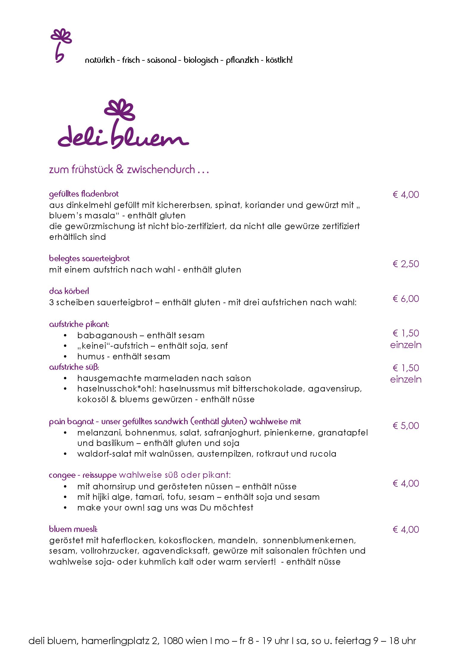 Speisekarte deli bluem in Wien, Seite 1