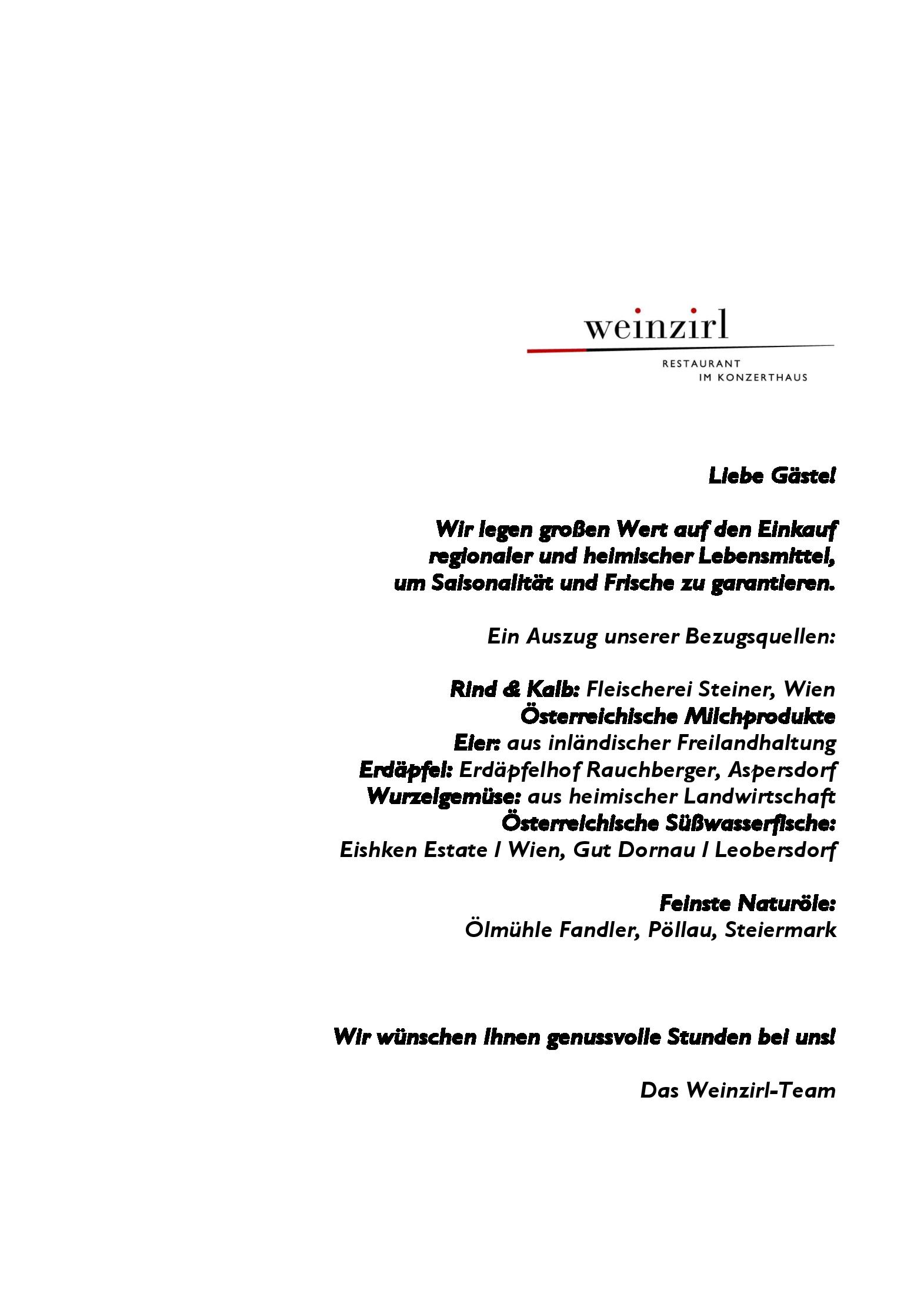 Speisekarte WEINZIRL Restaurant im Wiener Konzerthaus in Wien, Seite 1