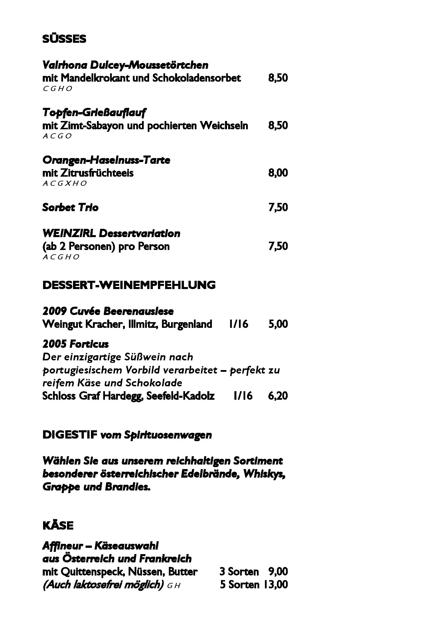 Speisekarte WEINZIRL Restaurant im Wiener Konzerthaus in Wien, Seite 6