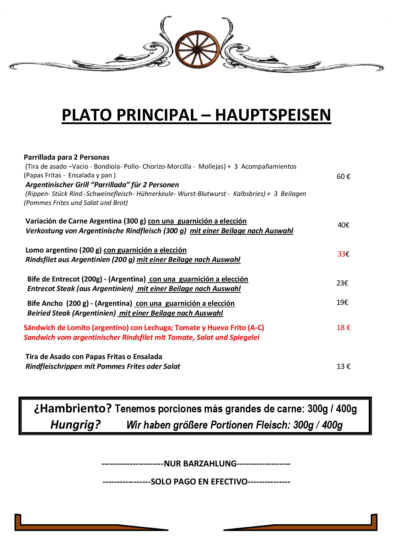 Speisekarte La Huella argentinisches Steakhaus in Wien, Seite 3