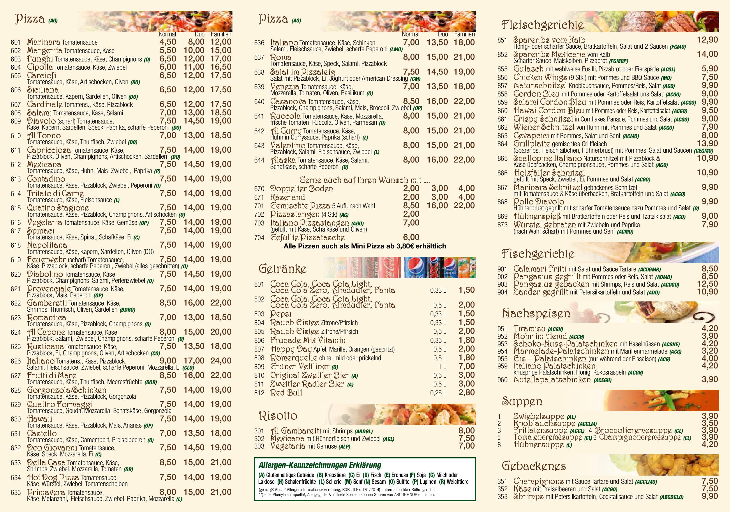 Speisekarte Ristorante Italiano in Zwettl, Seite 1