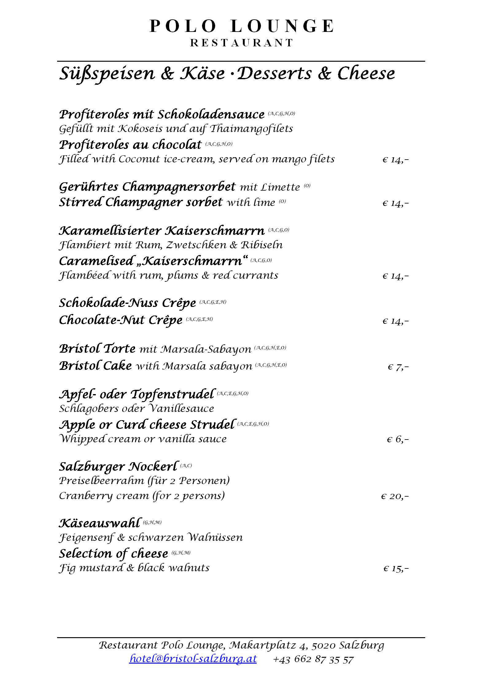 Speisekarte Hôtel Bristol Salzburg in Salzburg, Seite 1