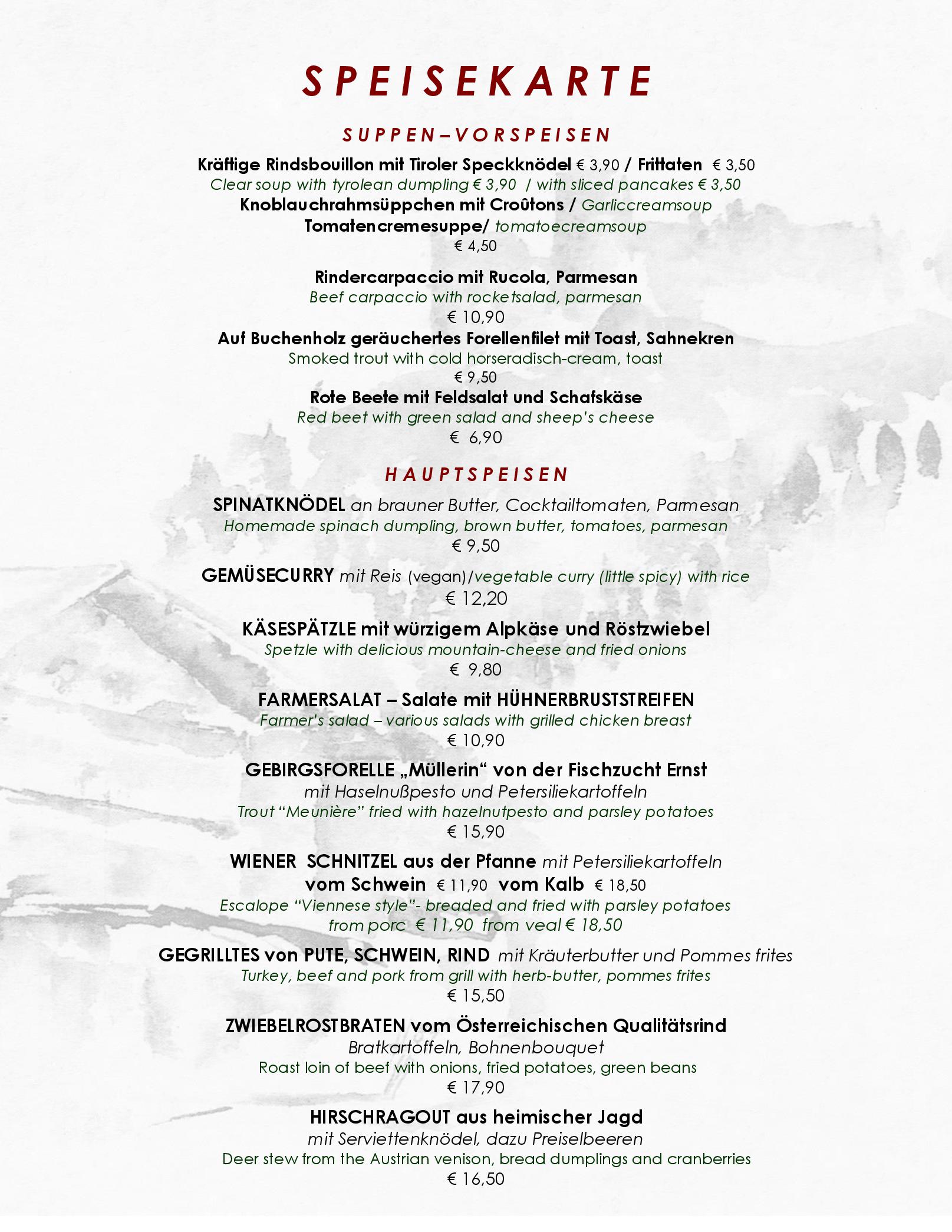 Speisekarte Restaurant at Hotel Maximilian in Ehenbichl, Seite 1