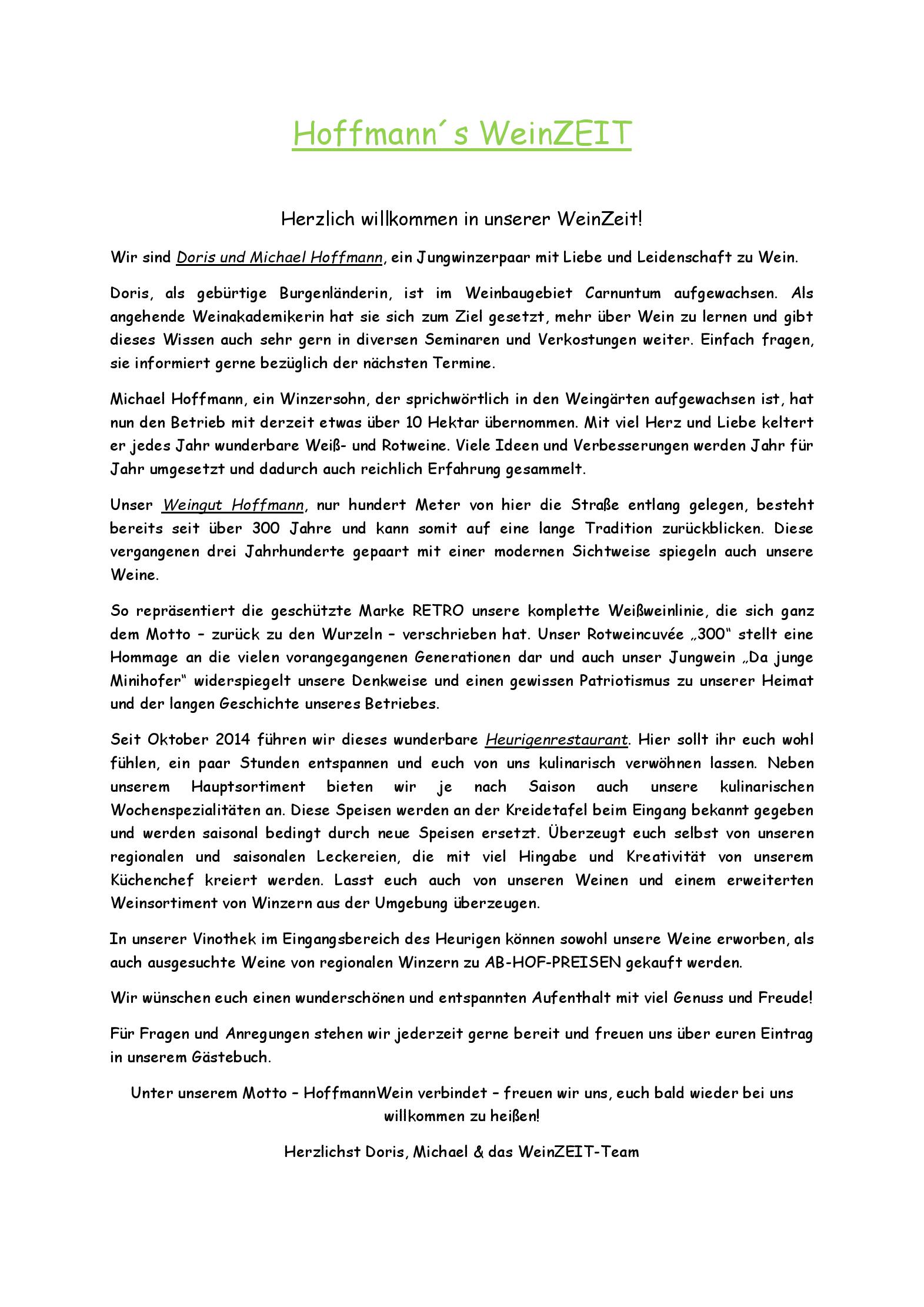 Speisekarte Hoffmanns Weinzeit - Heurigenrestaurant in Mönchhof, Seite 1
