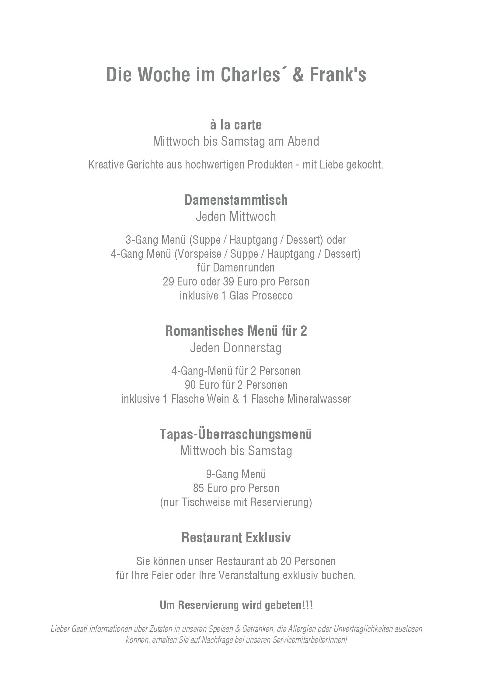 Speisekarte Charles  and Frank s Das Restaurant in Atzbach, Seite 1
