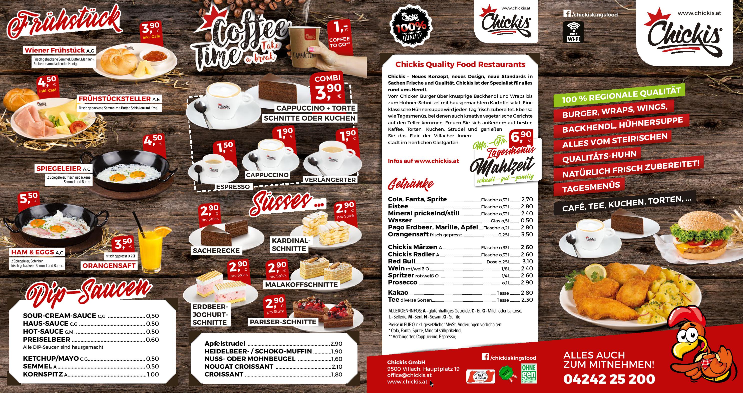 Speisekarte Chickis in Villach, Seite 1