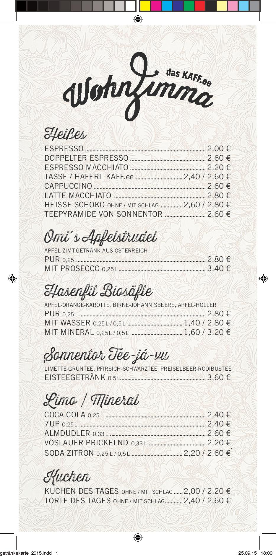Speisekarte wohnZimma das KAFF.ee in Piesendorf, Seite 1