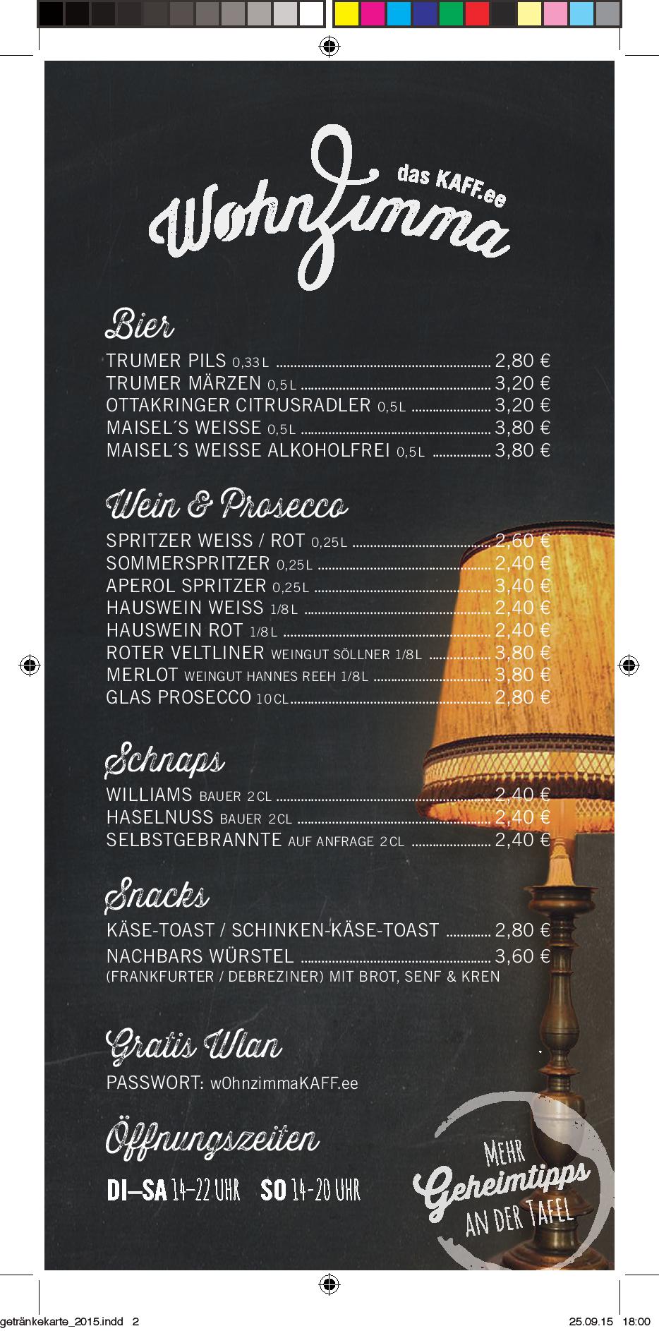 Speisekarte wohnZimma das KAFF.ee in Piesendorf, Seite 2