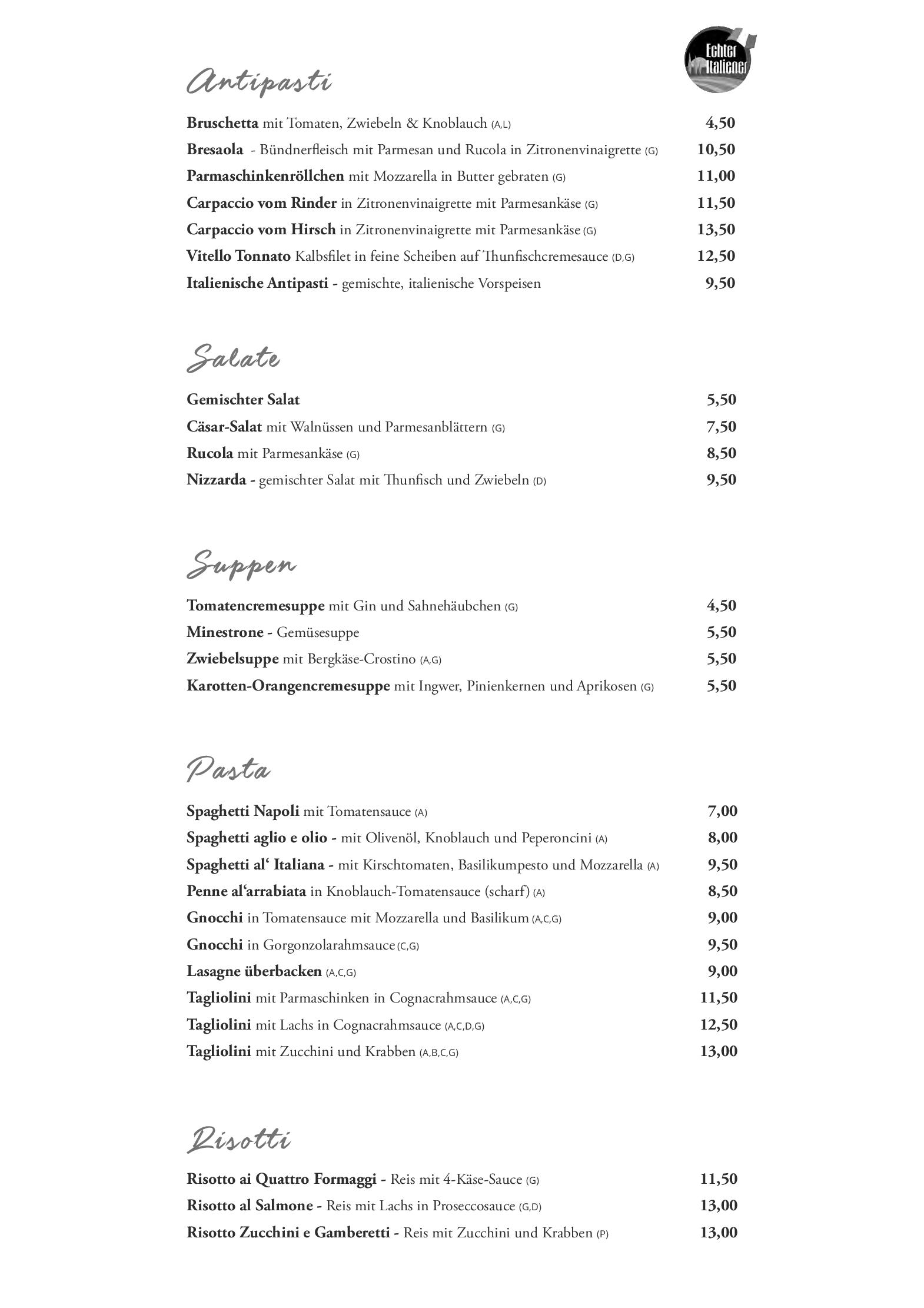 Speisekarte Restaurant Osteria Da Franco in Telfs, Seite 1