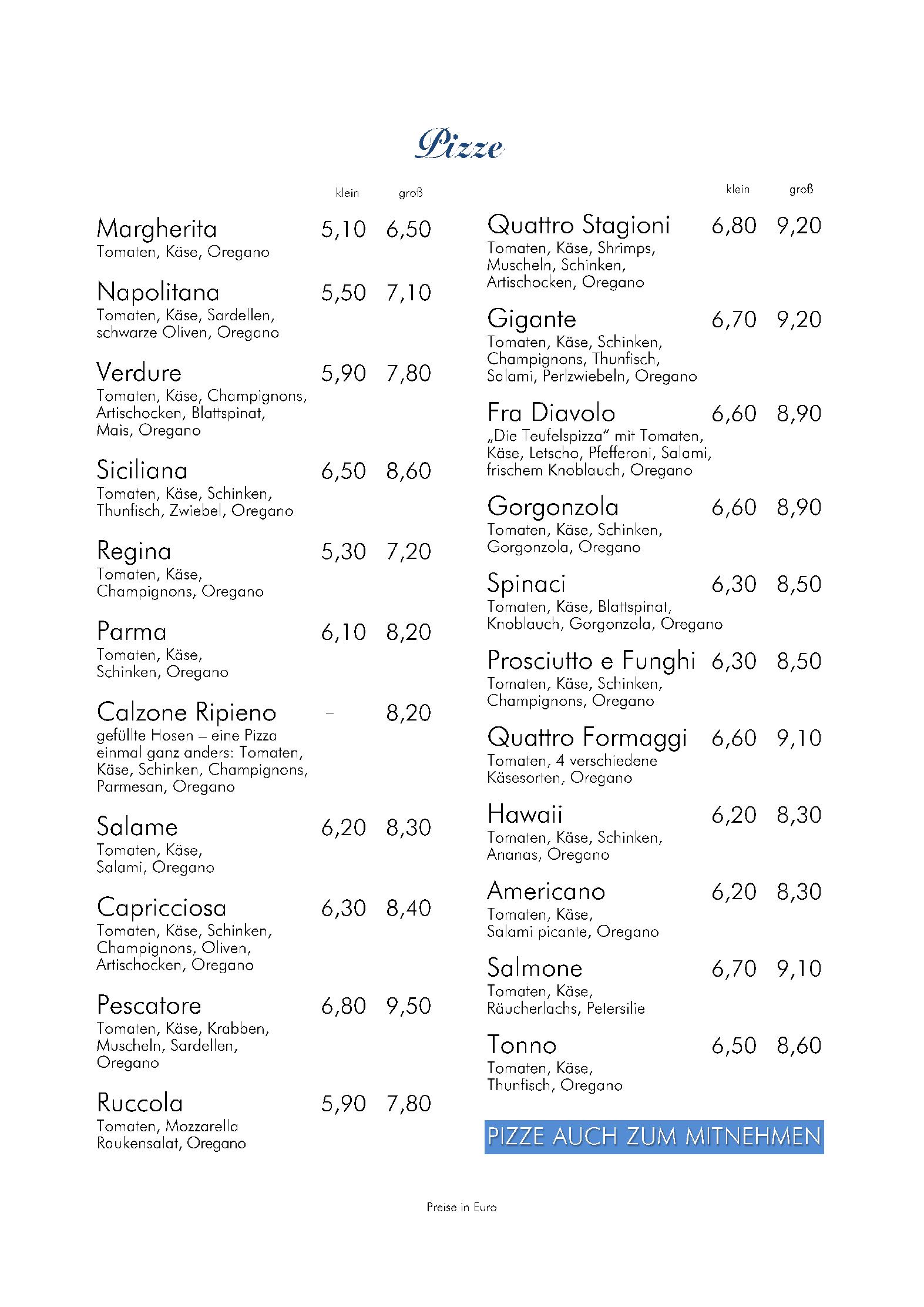 Speisekarte Pizzeria Toscana in Tamsweg, Seite 1