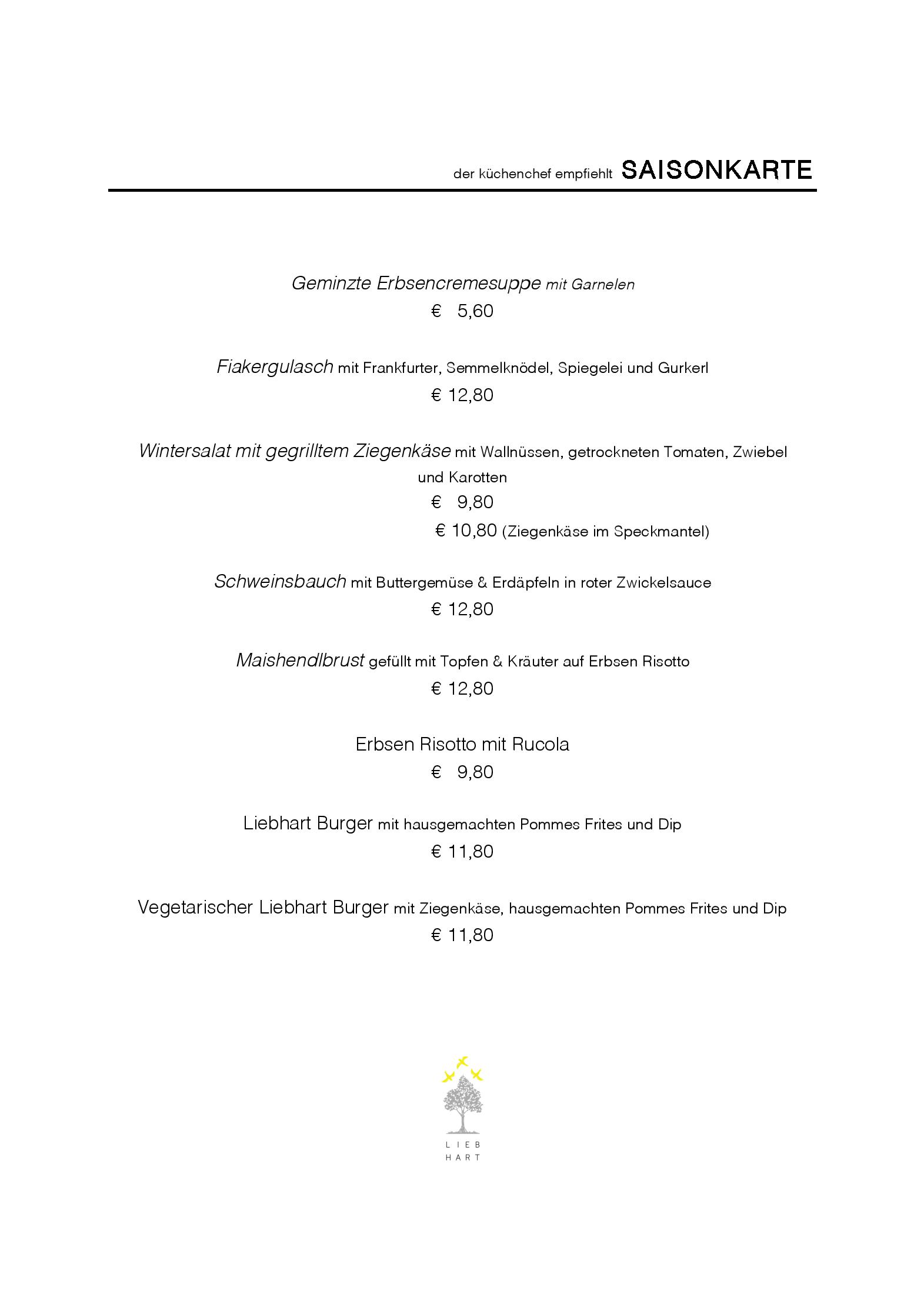 Speisekarte Restauration Liebhart in Wien, Seite 1