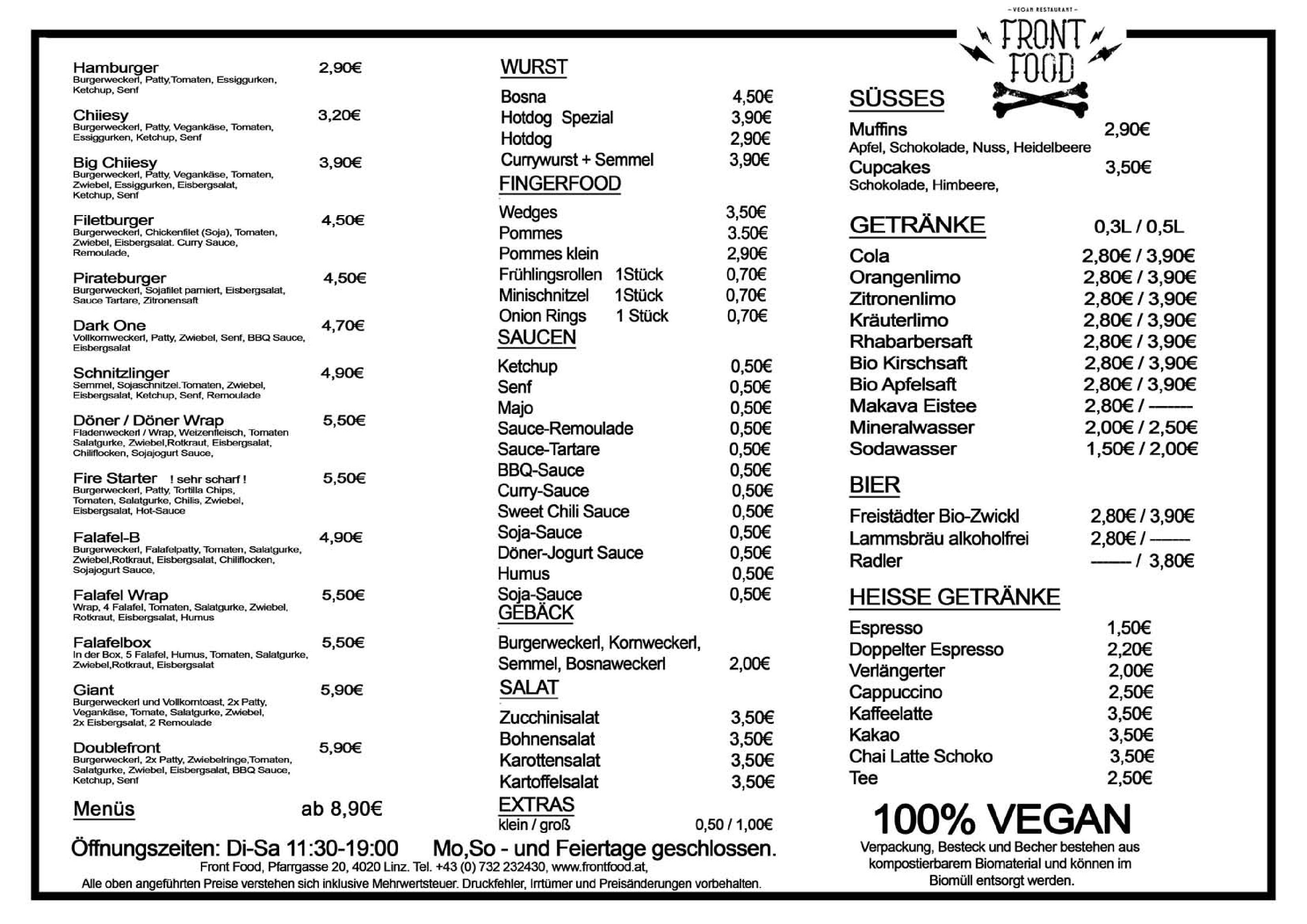 Speisekarte Front Food in Linz, Seite 1