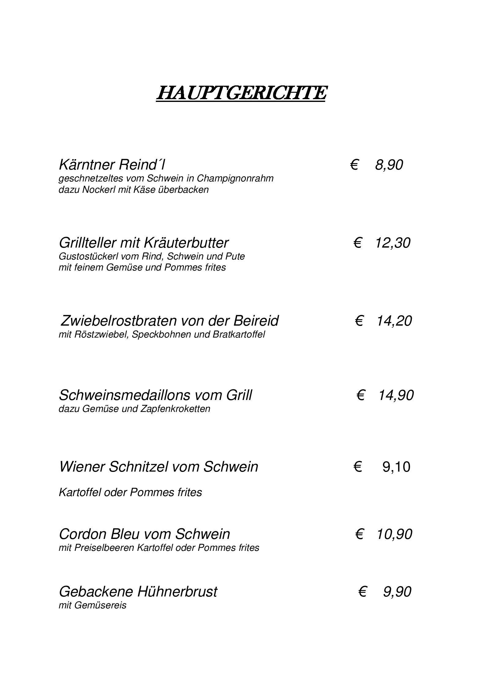 Speisekarte Restaurant Gletschermühle in Flattach, Seite 3
