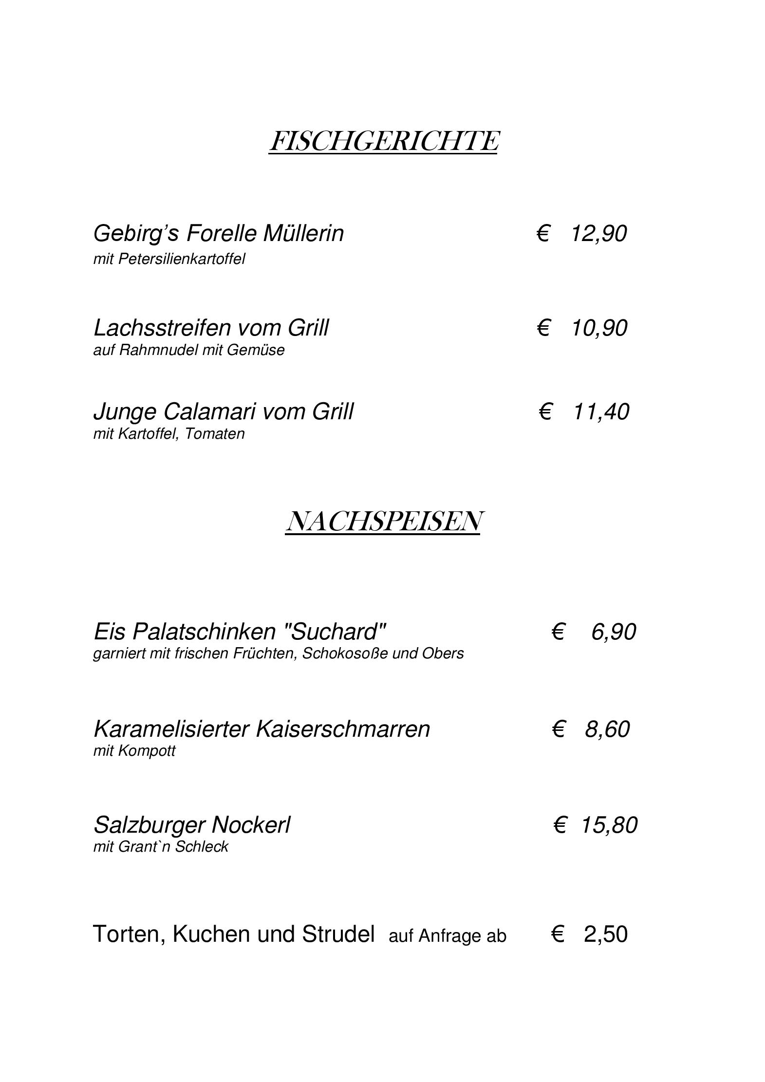 Speisekarte Restaurant Gletschermühle in Flattach, Seite 2