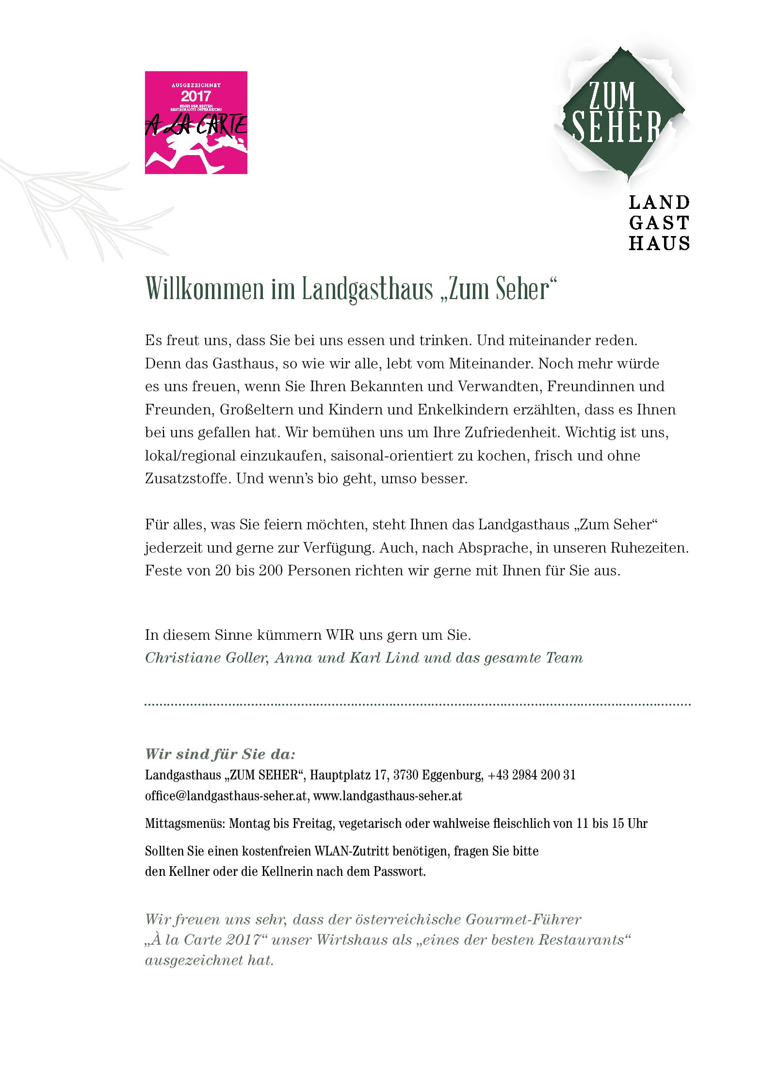 Speisekarte Landgasthaus Zum Seher in Eggenburg, Seite 1
