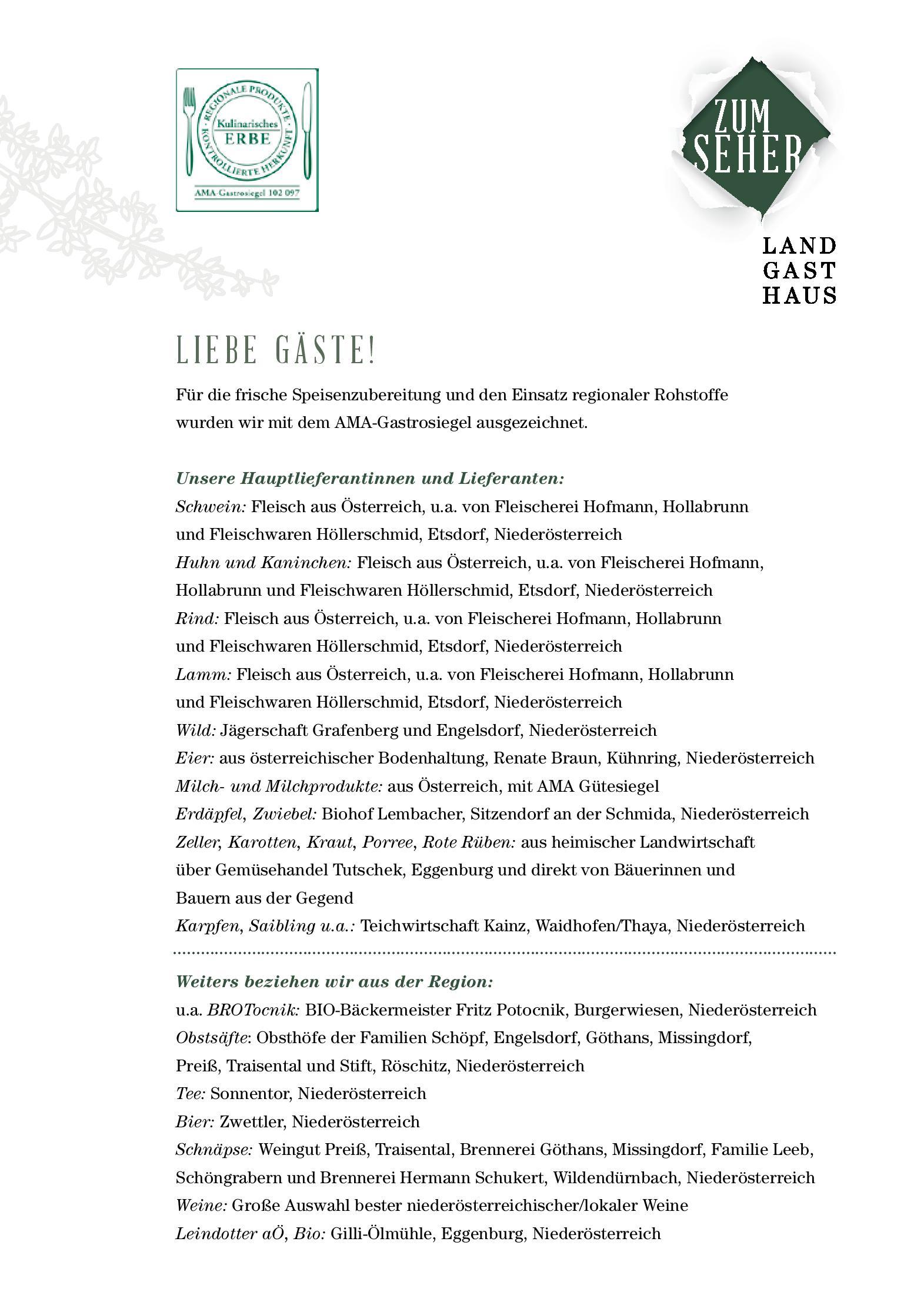 Speisekarte Landgasthaus Zum Seher in Eggenburg, Seite 2