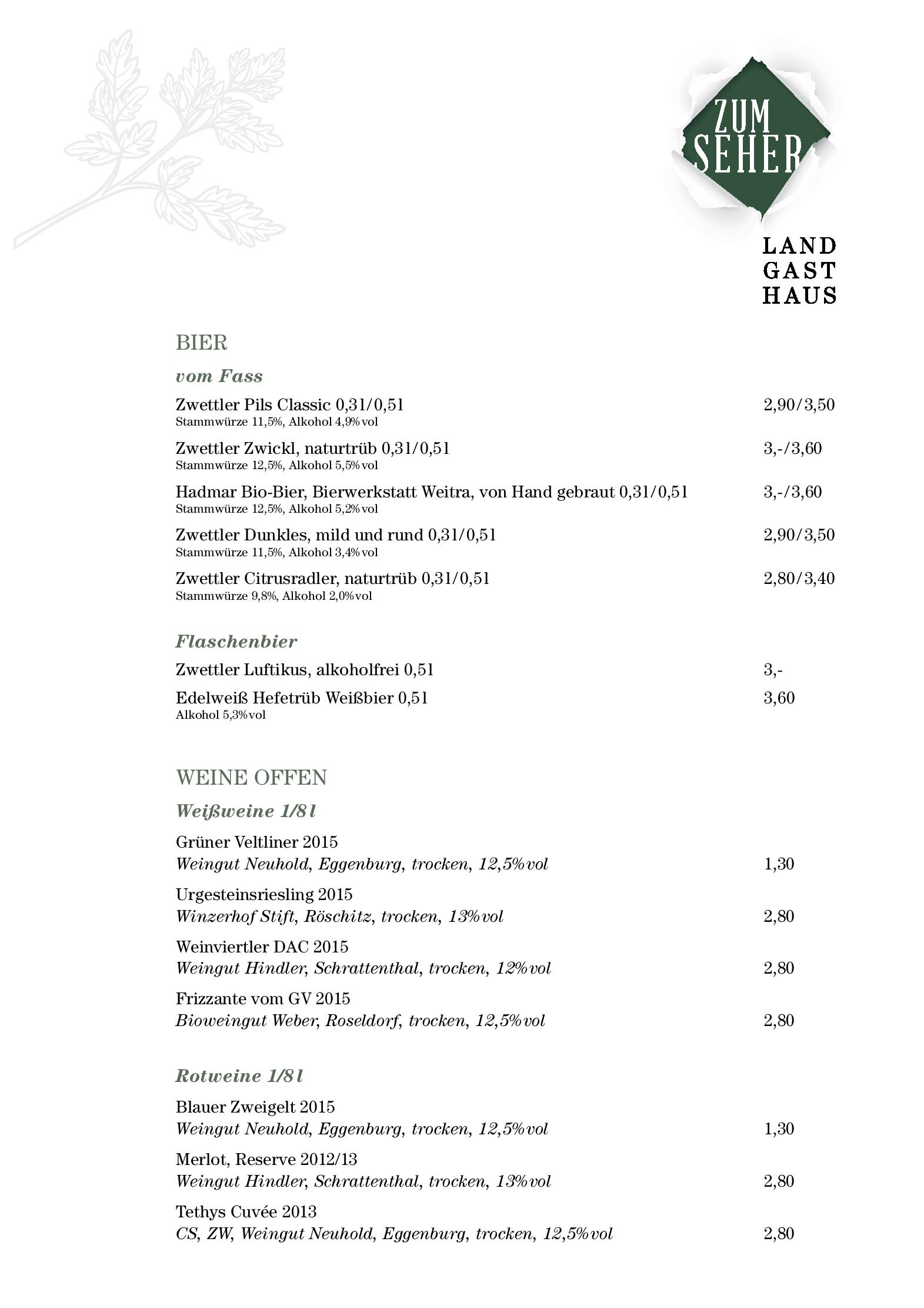 Speisekarte Landgasthaus Zum Seher in Eggenburg, Seite 9