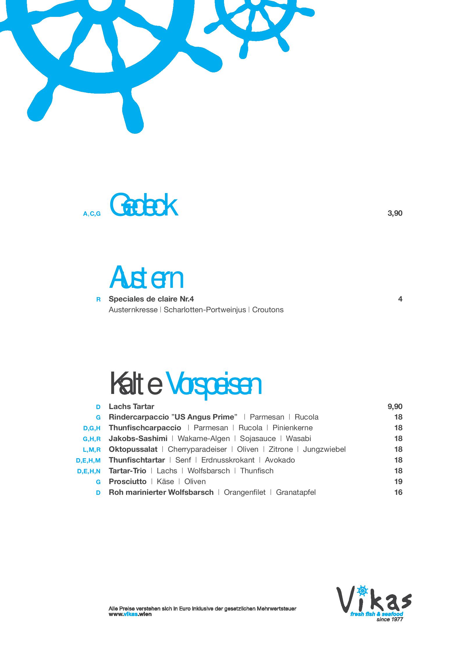 Speisekarte Vikas fresh fish & seafood in Wien, Seite 1