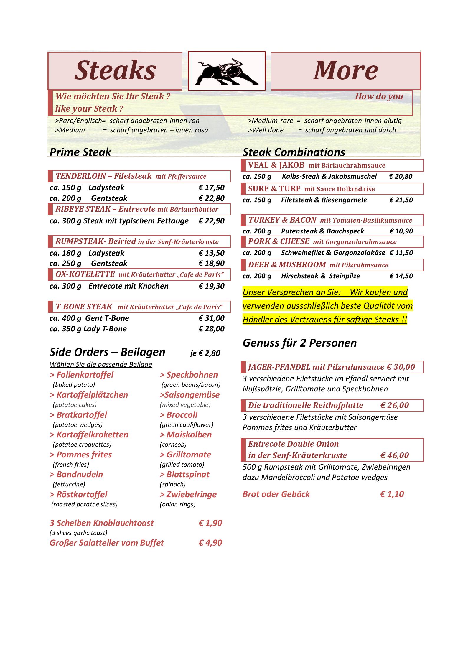 Speisekarte Panoramarestaurant Reithof in Filzmoos, Seite 1