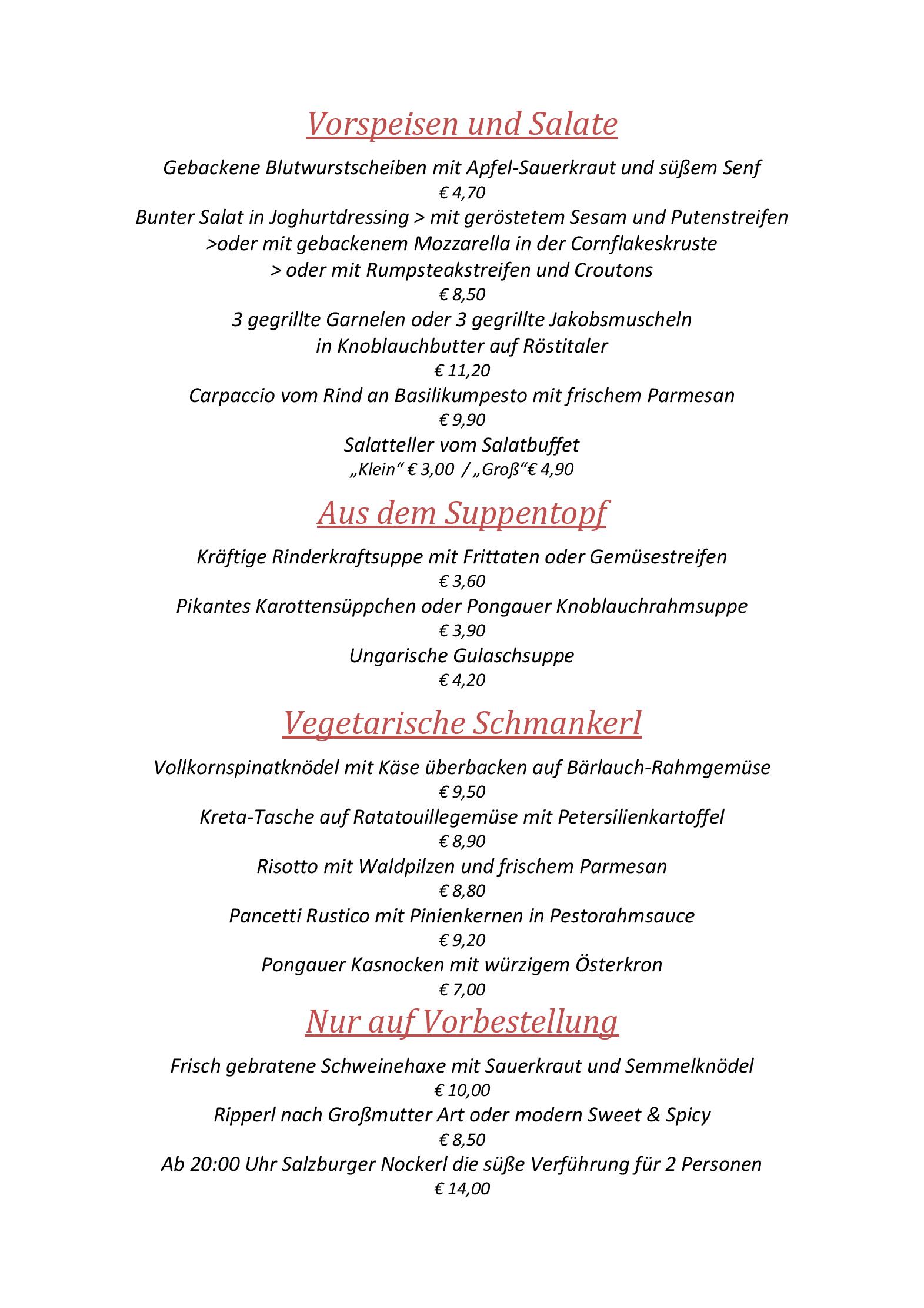 Speisekarte Panoramarestaurant Reithof in Filzmoos, Seite 2
