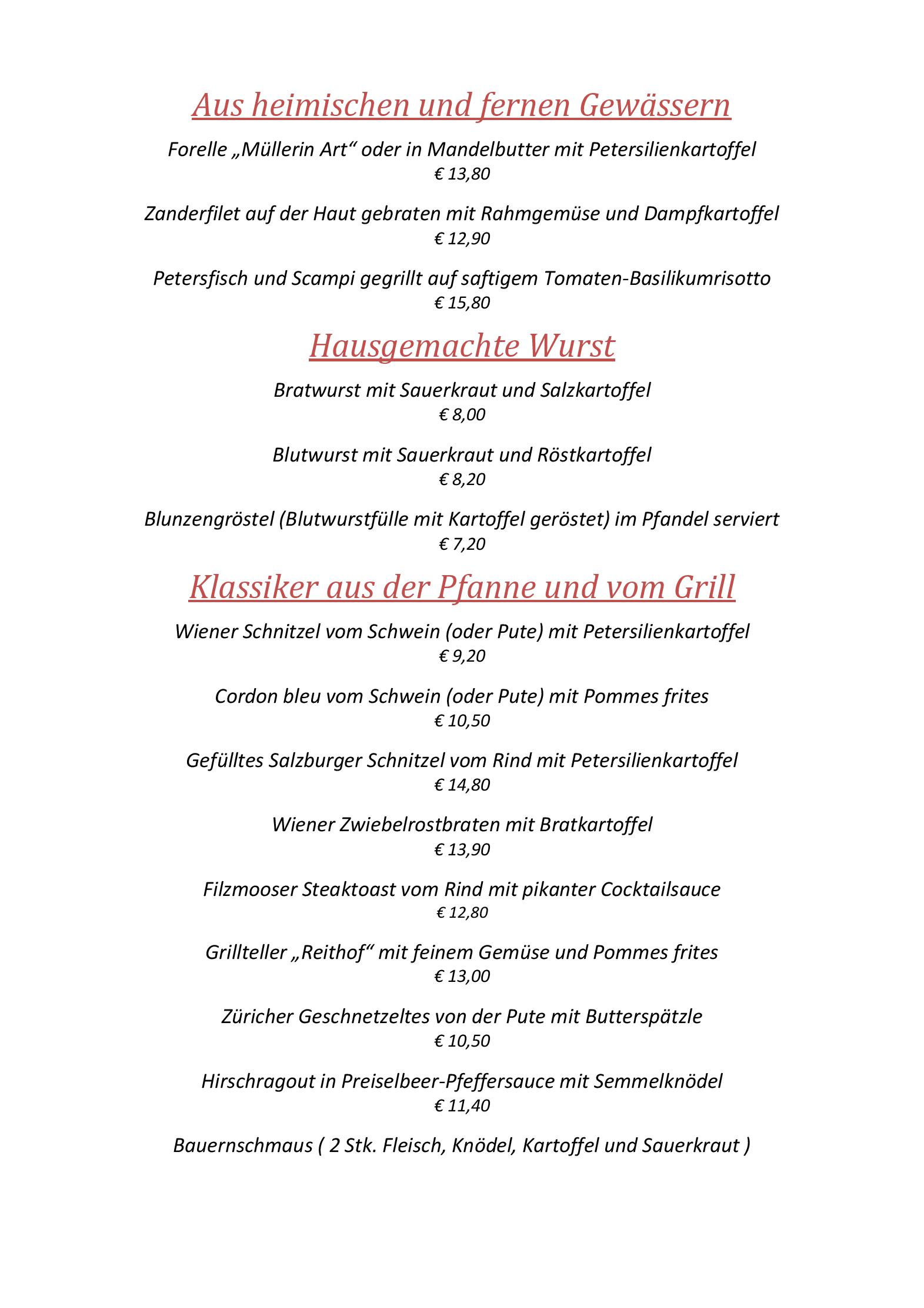 Speisekarte Panoramarestaurant Reithof in Filzmoos, Seite 4