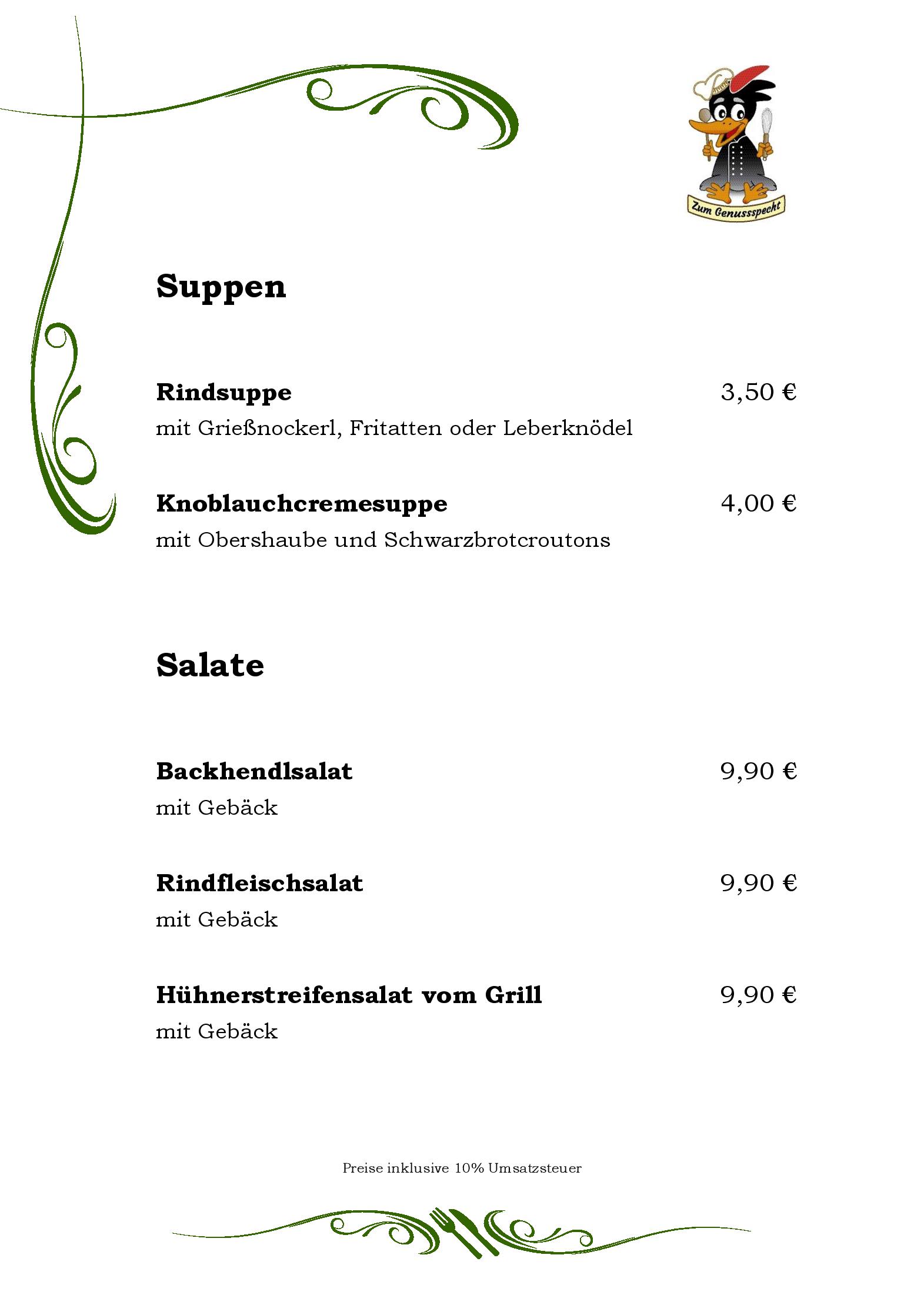 Speisekarte Zum Genussspecht im Unterlaaerhof in Wien, Seite 1
