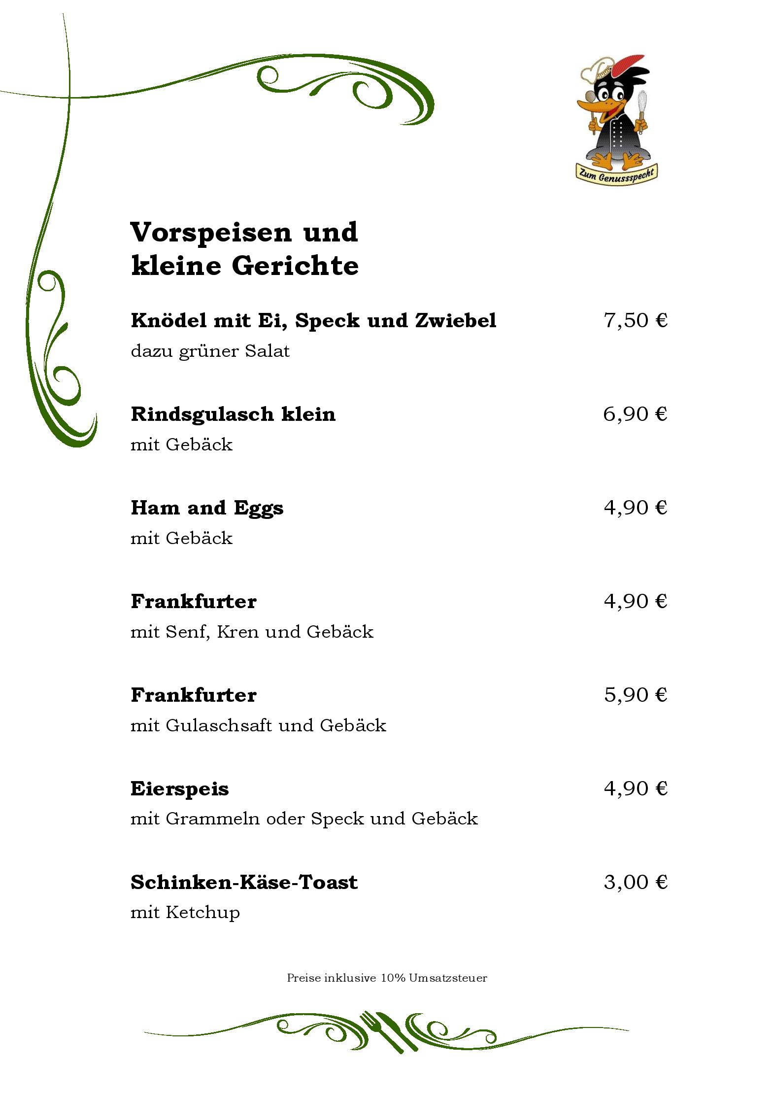 Speisekarte Zum Genussspecht im Unterlaaerhof in Wien, Seite 2