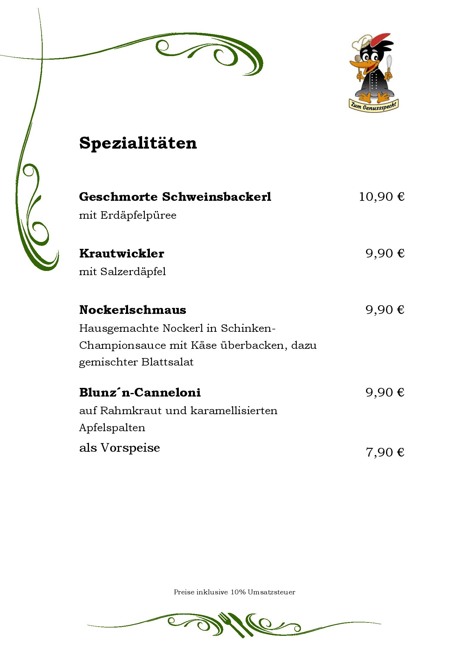 Speisekarte Zum Genussspecht im Unterlaaerhof in Wien, Seite 8