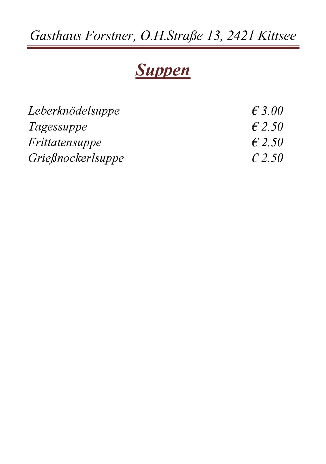Speisekarte Gasthaus Forstner in Kittsee, Seite 1