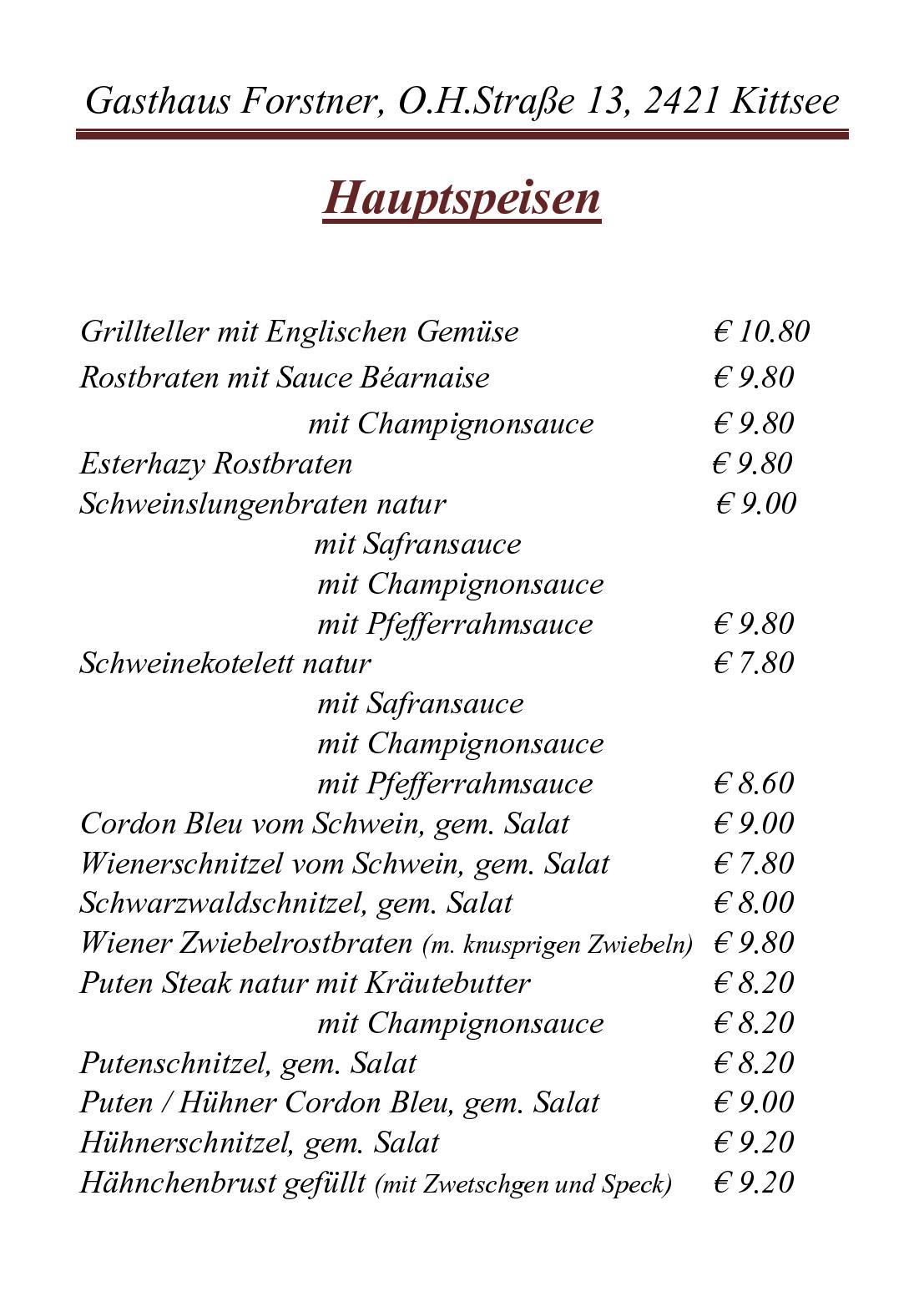 Speisekarte Gasthaus Forstner in Kittsee, Seite 2