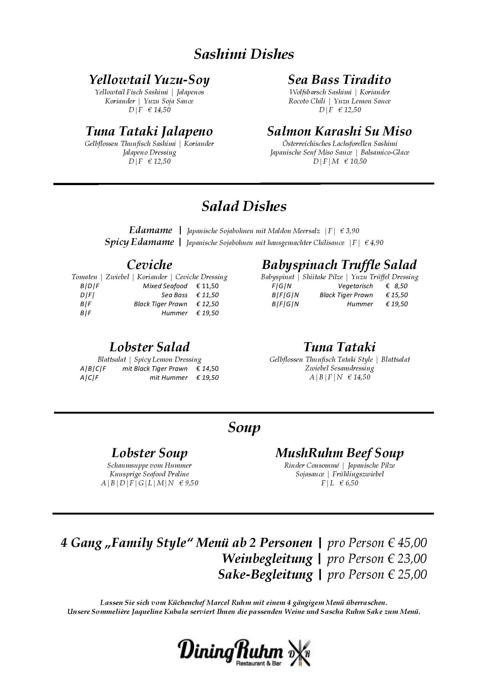 Speisekarte DiningRuhm in Wien, Seite 1
