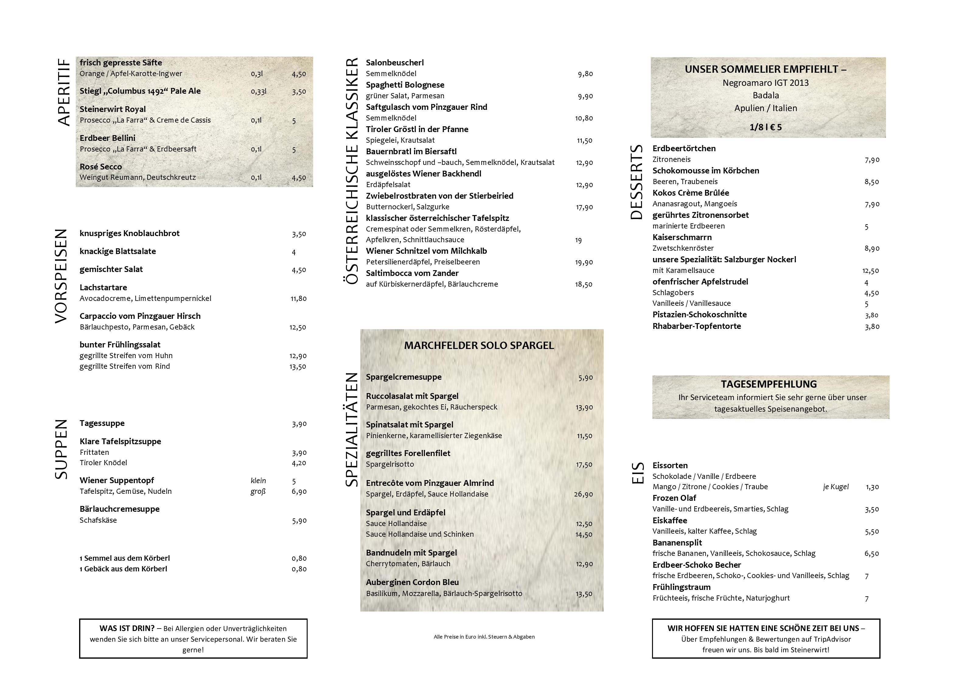 Speisekarte Steinerwirt1493 in Zell am See, Seite 1