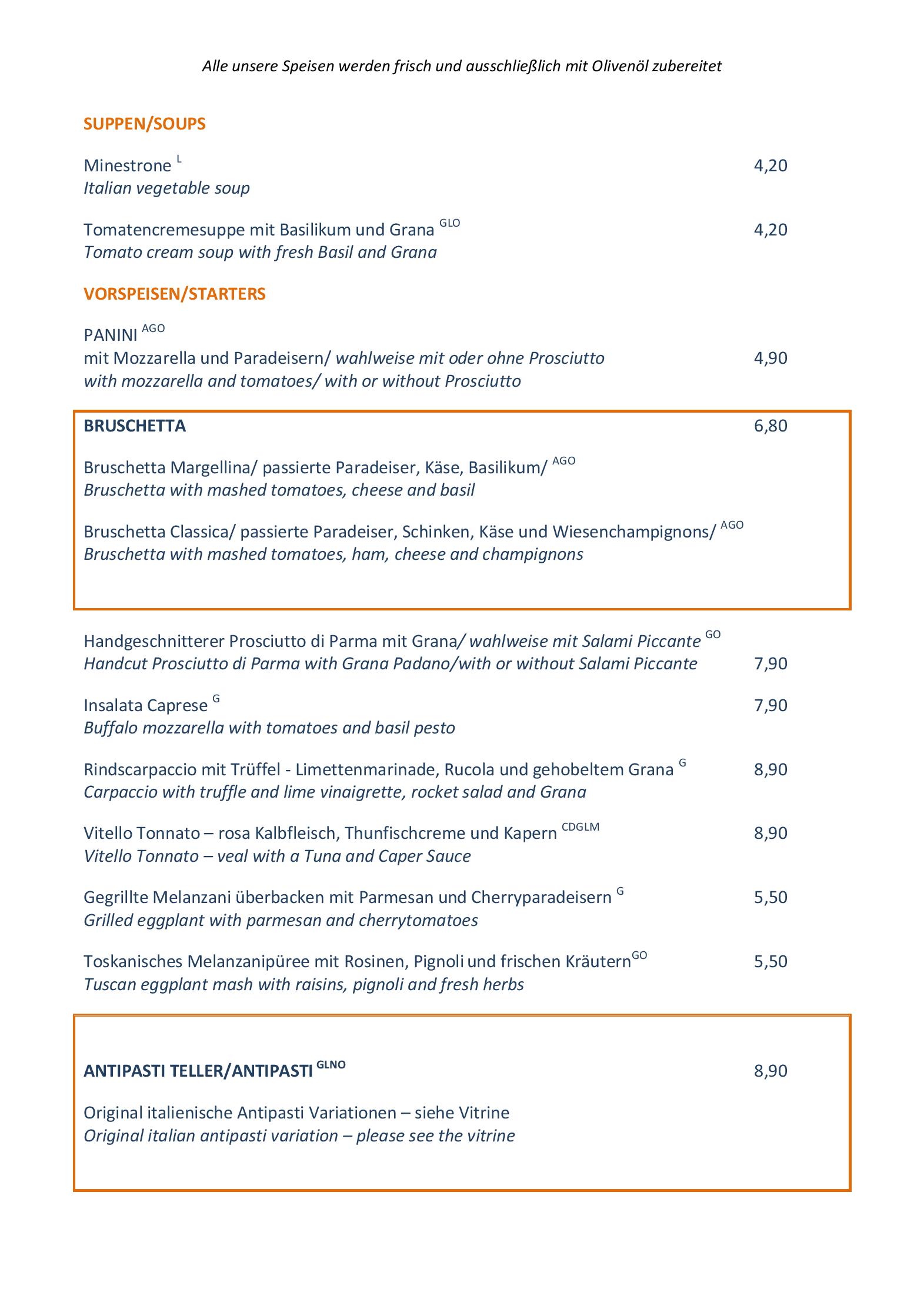 Speisekarte Ottimo cafe in Wien, Seite 1