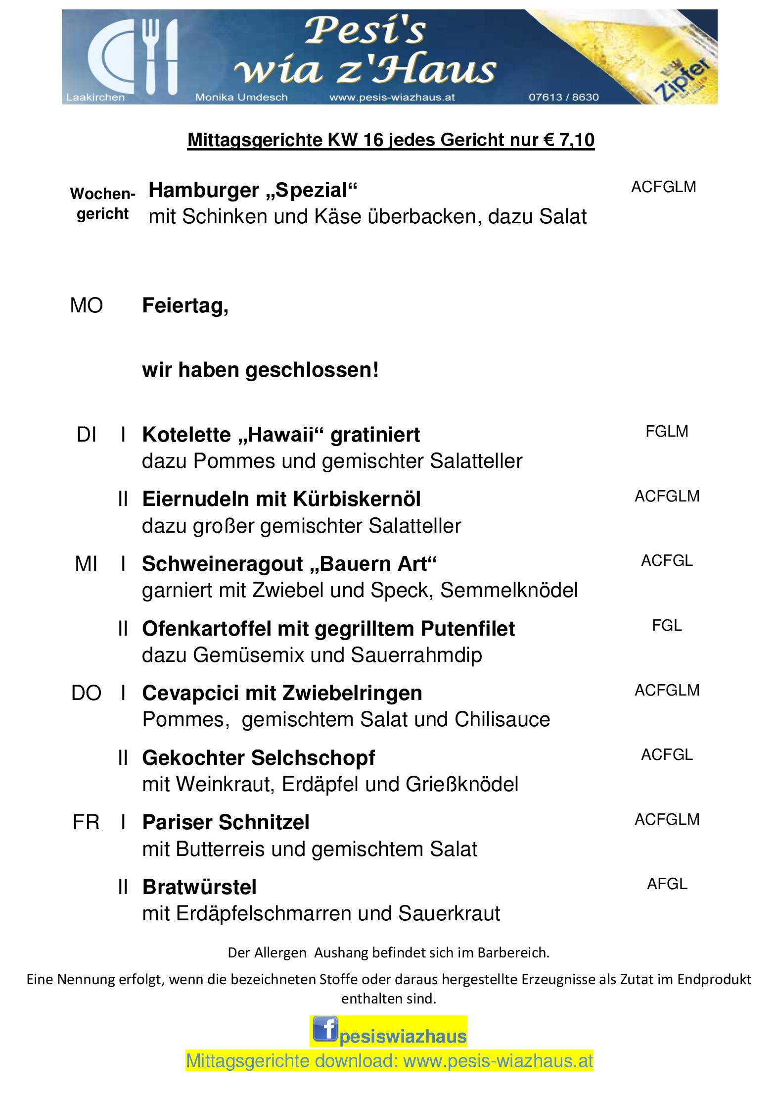 Speisekarte Pesi´s wia z' Haus in Laakirchen, Seite 1