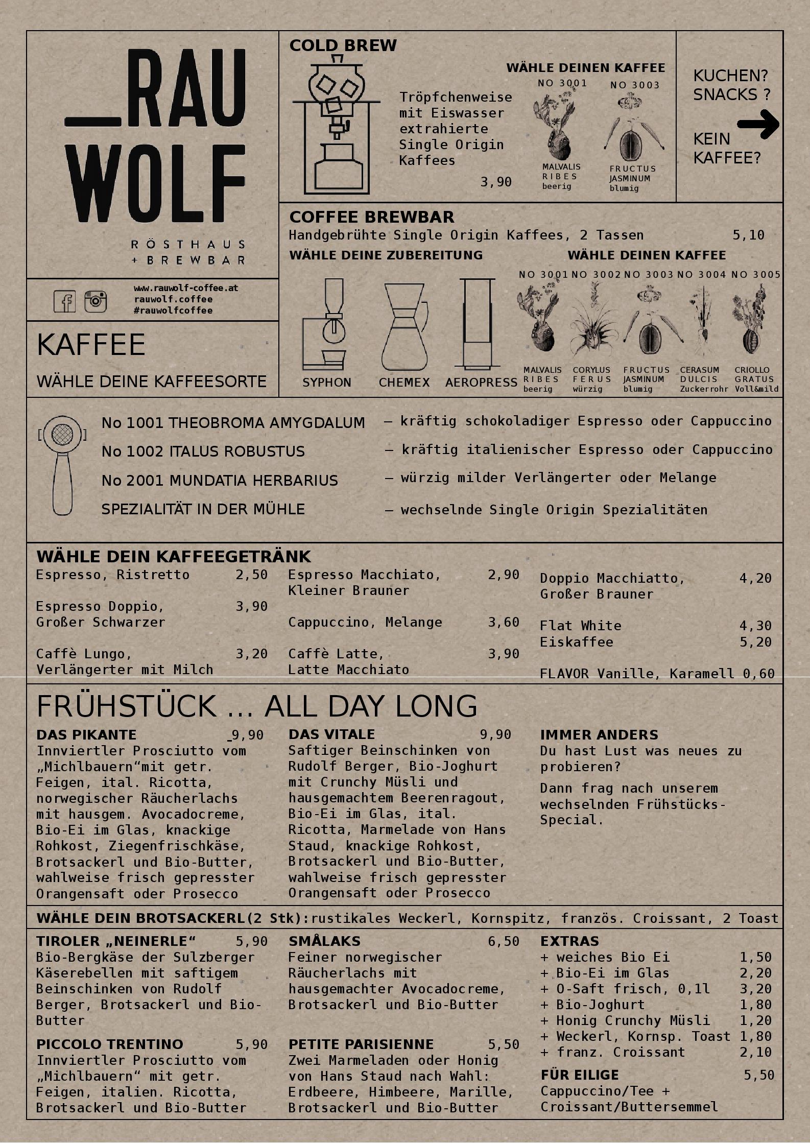 Speisekarte RAUWOLF Rösthaus + Brewbar in Voesendorf, Seite 1