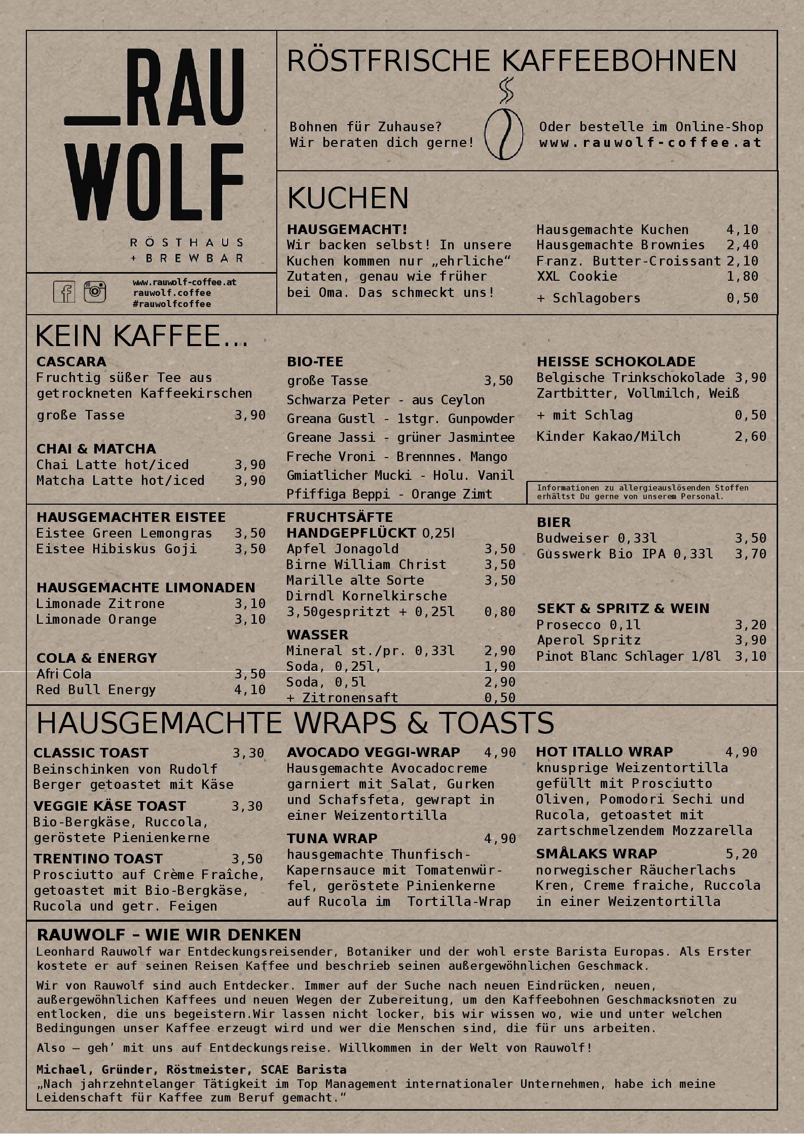 Speisekarte RAUWOLF Rösthaus + Brewbar in Voesendorf, Seite 2